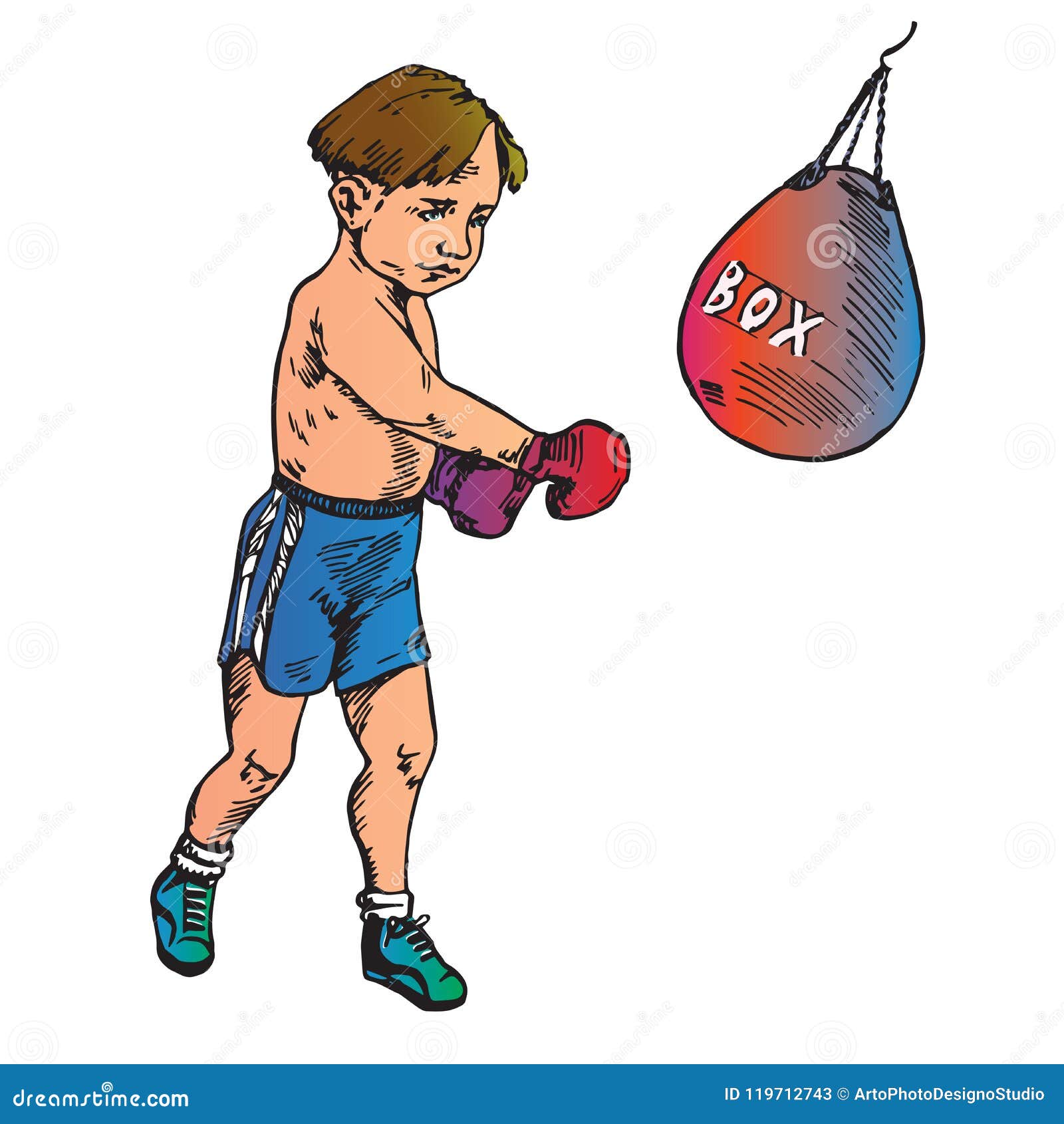 Set Of Boxing Hand Drawn Icons Gloves Shorts Cartoon Vector