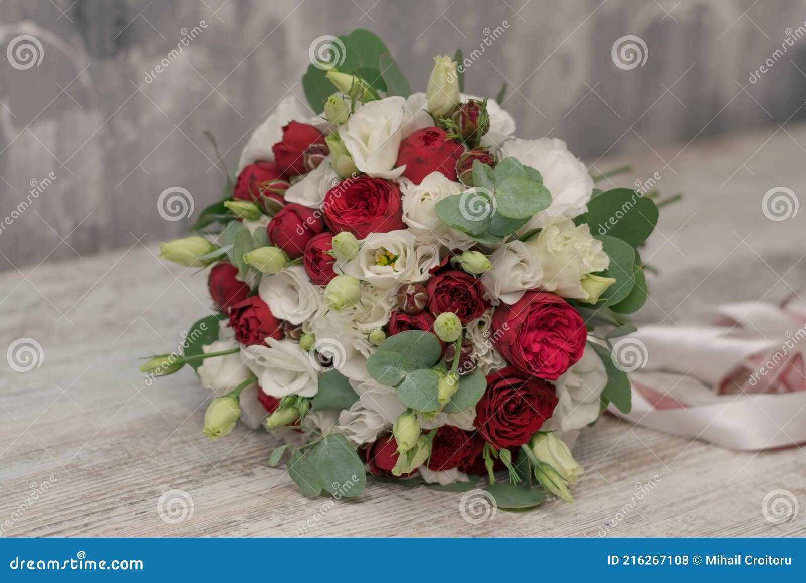 Beautiful Bridal Bouquet of Red Roses, White Lisianthus and Eucalyptus on  Grey Background. Stock Photo - Image of fresh, decoration: 216267108