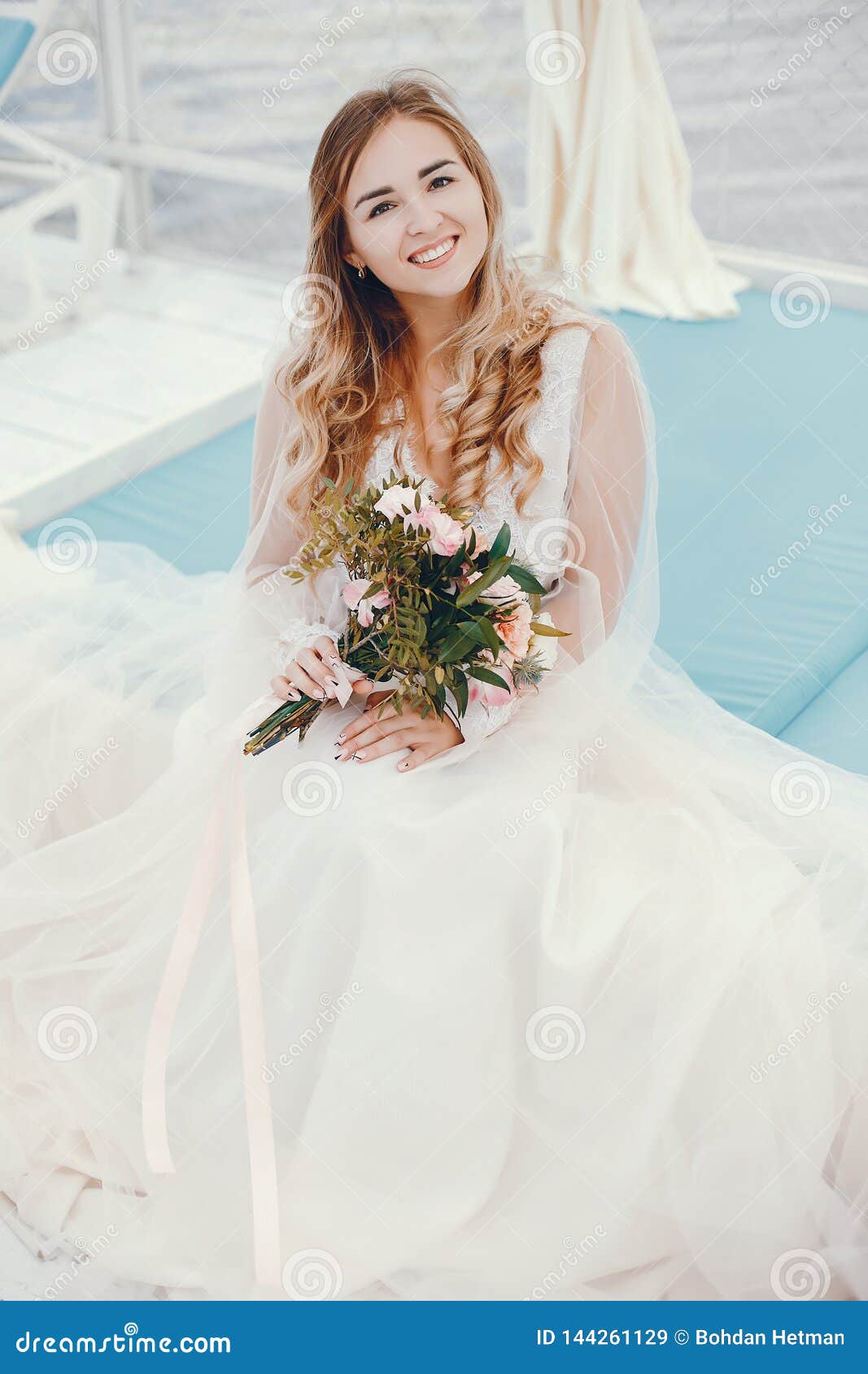 Beautiful Bride in a Long White Wedding Dress Stock Image - Image of ...