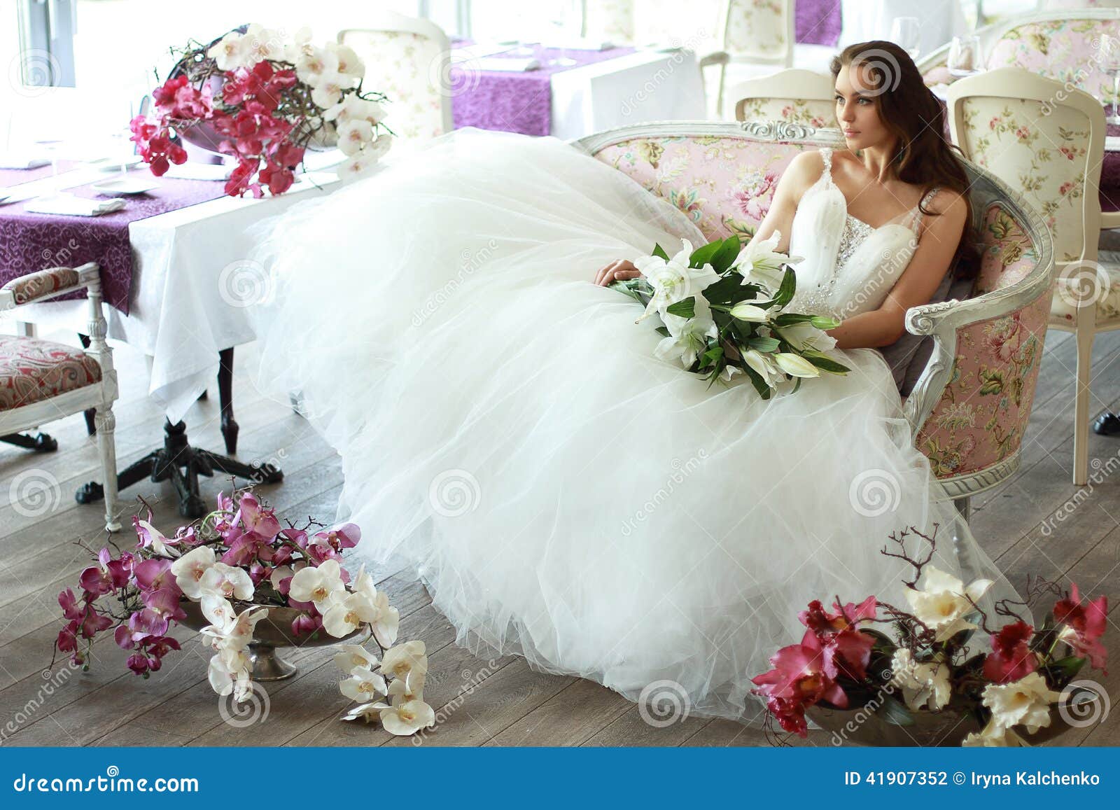 Beautiful Bride In A Magnificent White Wedding Dress Of 