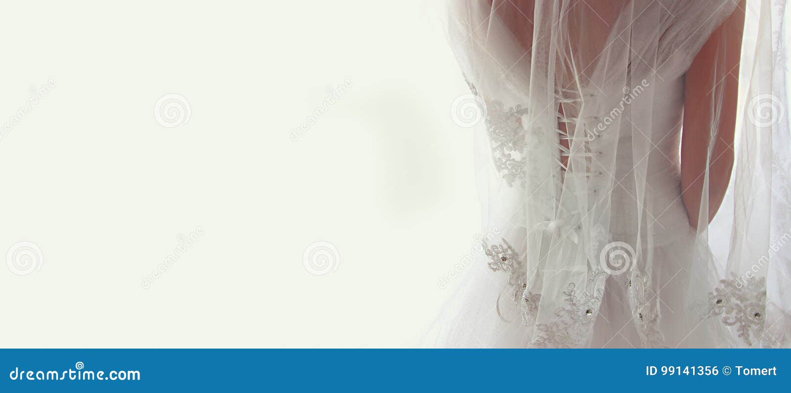 beautiful bride with wedding dress and veil, from behind.