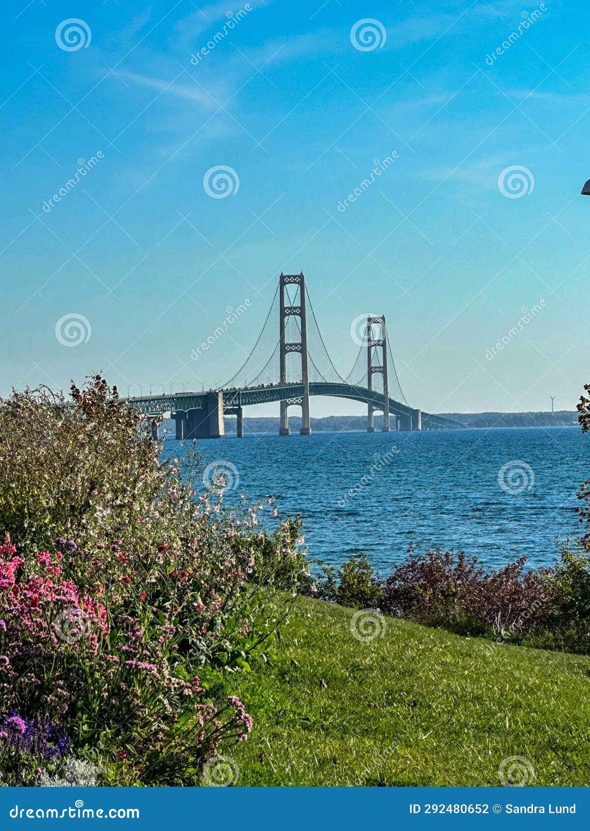 scenic view of mackinac bridge from bridgeview park in st. ignace, michigan