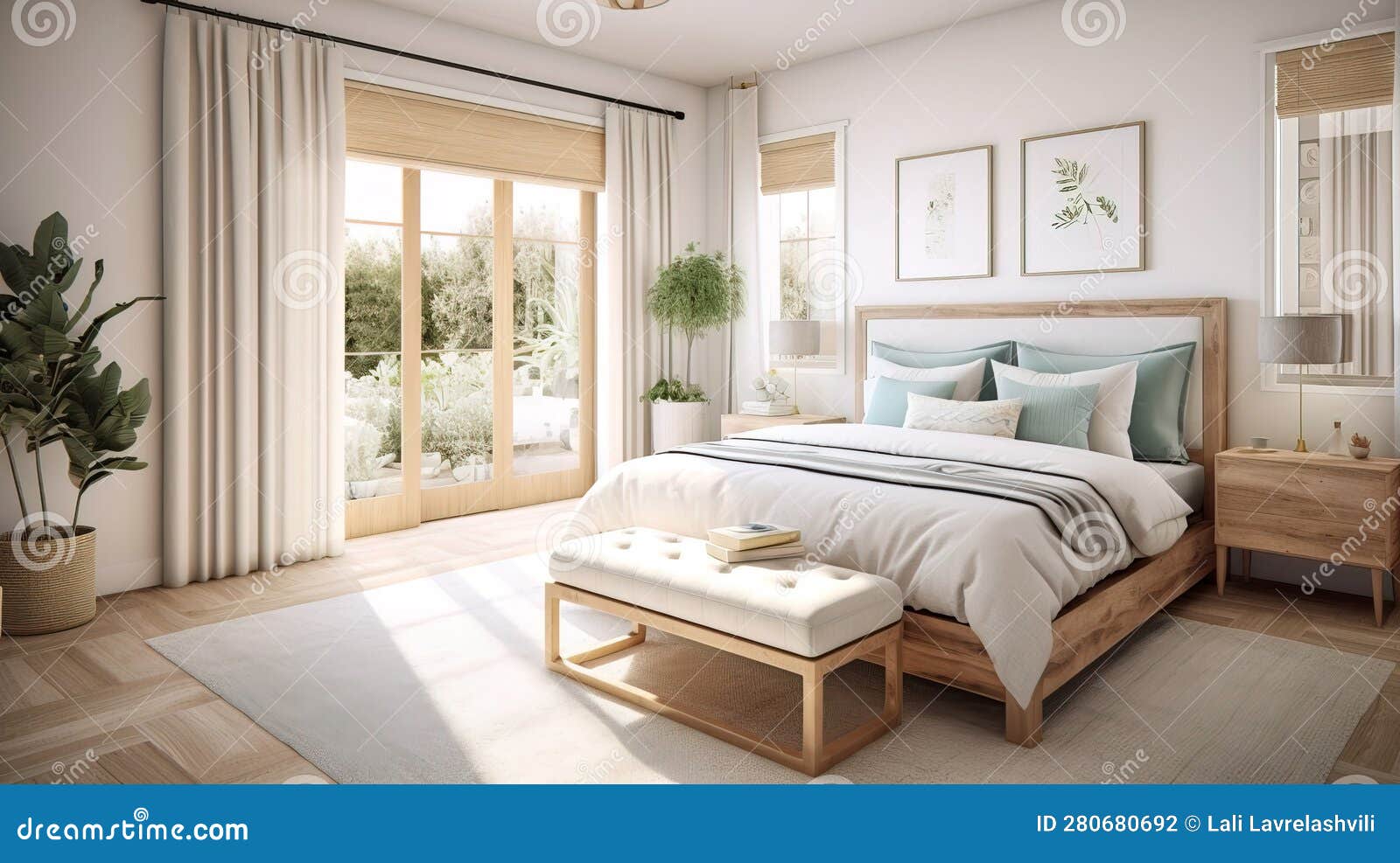 Beautiful Bright and Airy Bedroom. Generative AI Stock Illustration
