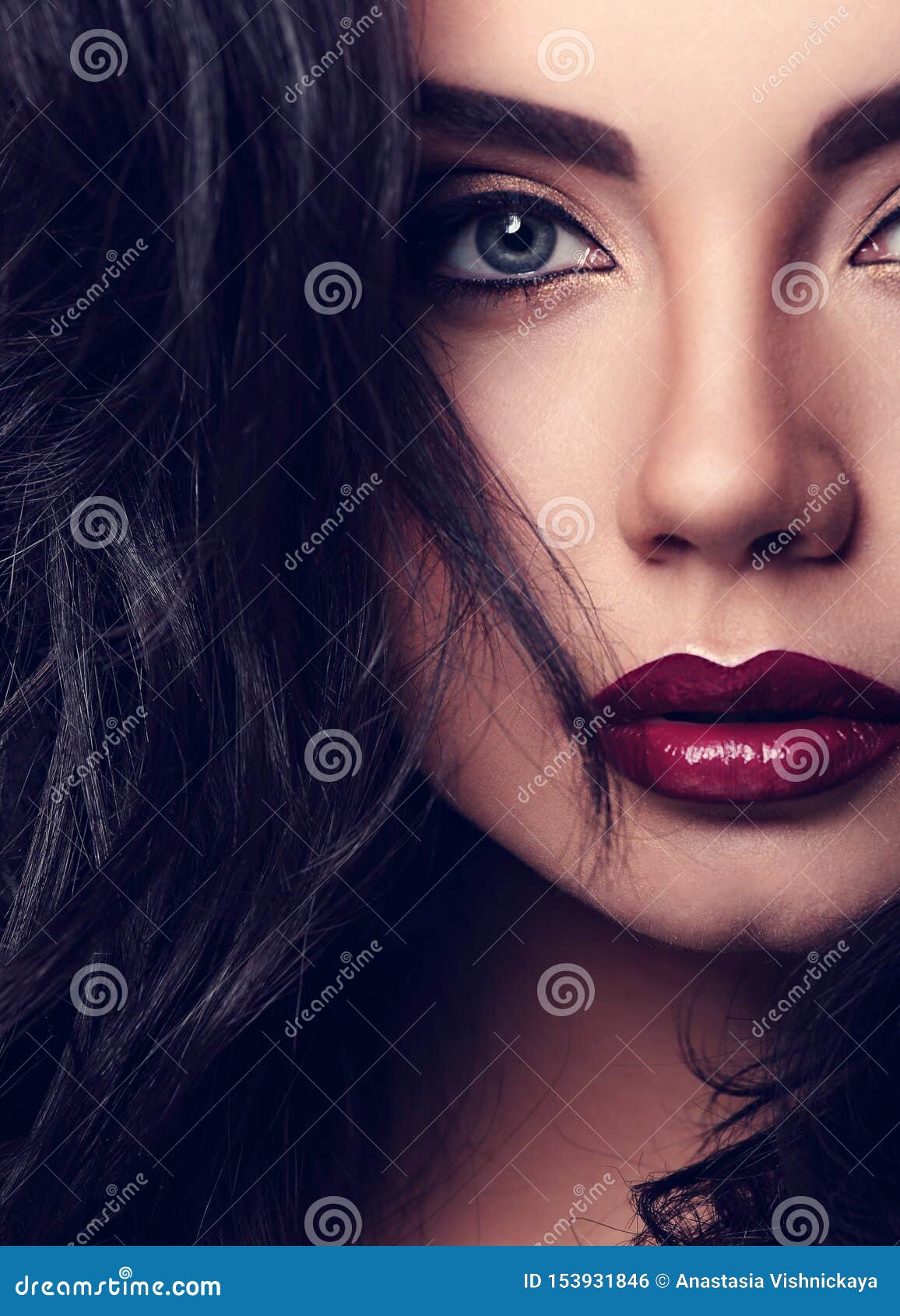 Beautiful Bright Makeup Woman With Long Black Curly Hair