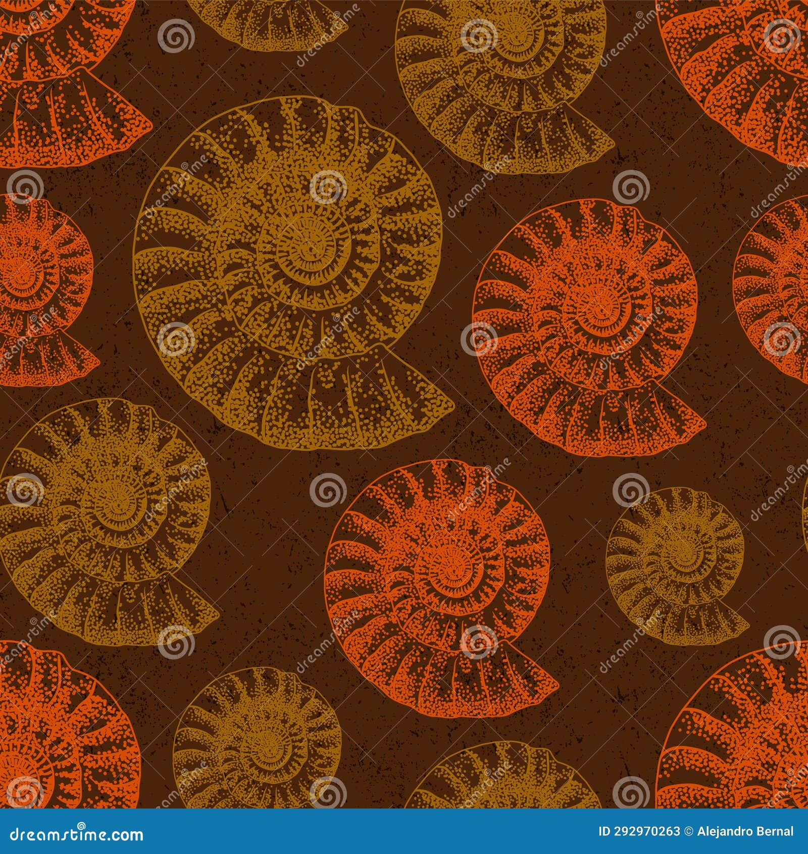 beautiful brown and orange ammonite fossils seamles pattern sketck over brown worn out effect