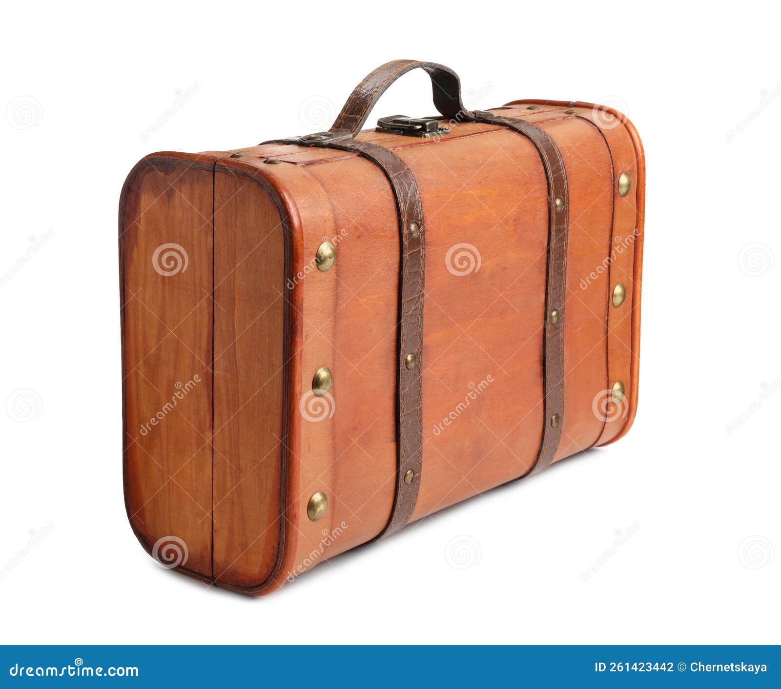 Beautiful Brown Stylish Suitcase on White Background Stock Photo