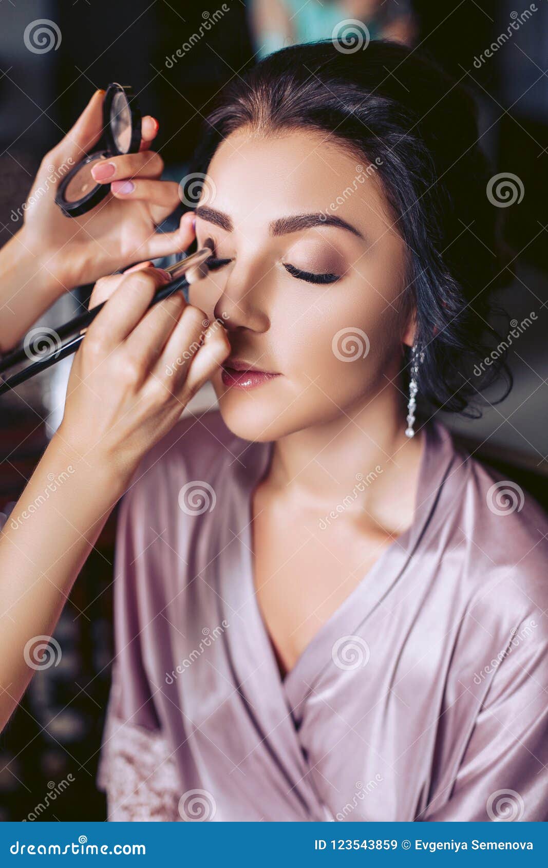 a beautiful bride makeup artist applies makeup. wedding morning of the bride