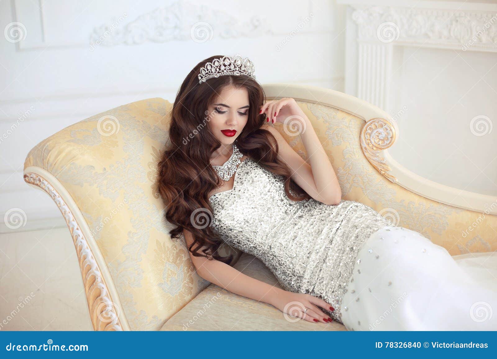 Beautiful Brunette Bride Wedding Portrait. Red Lips Makeup and H Stock ...