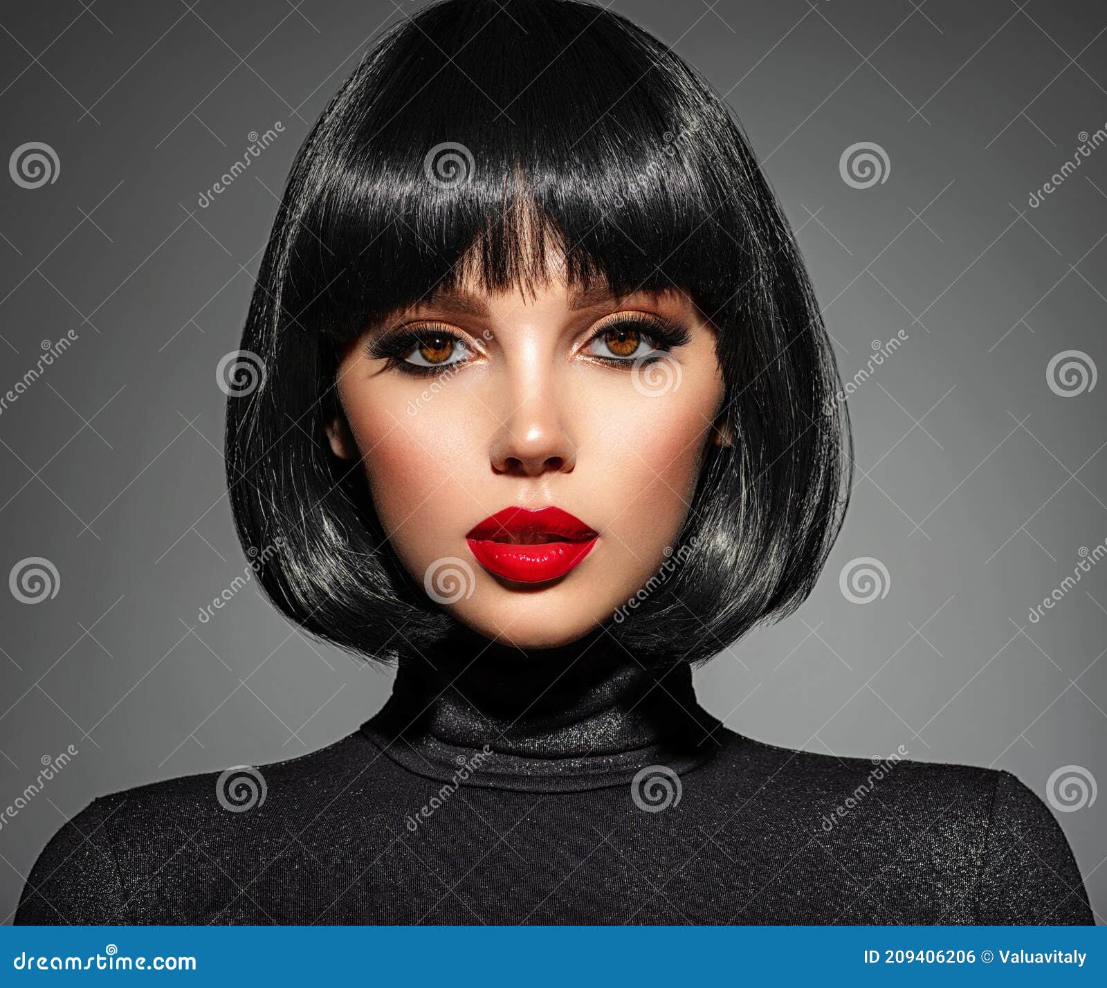 Beautiful Brunette Girl with Red Lips and Black Bob Hairstyle. Pretty Young  Woman with Black Hair Stock Photo - Image of makeup, beautiful: 209406206