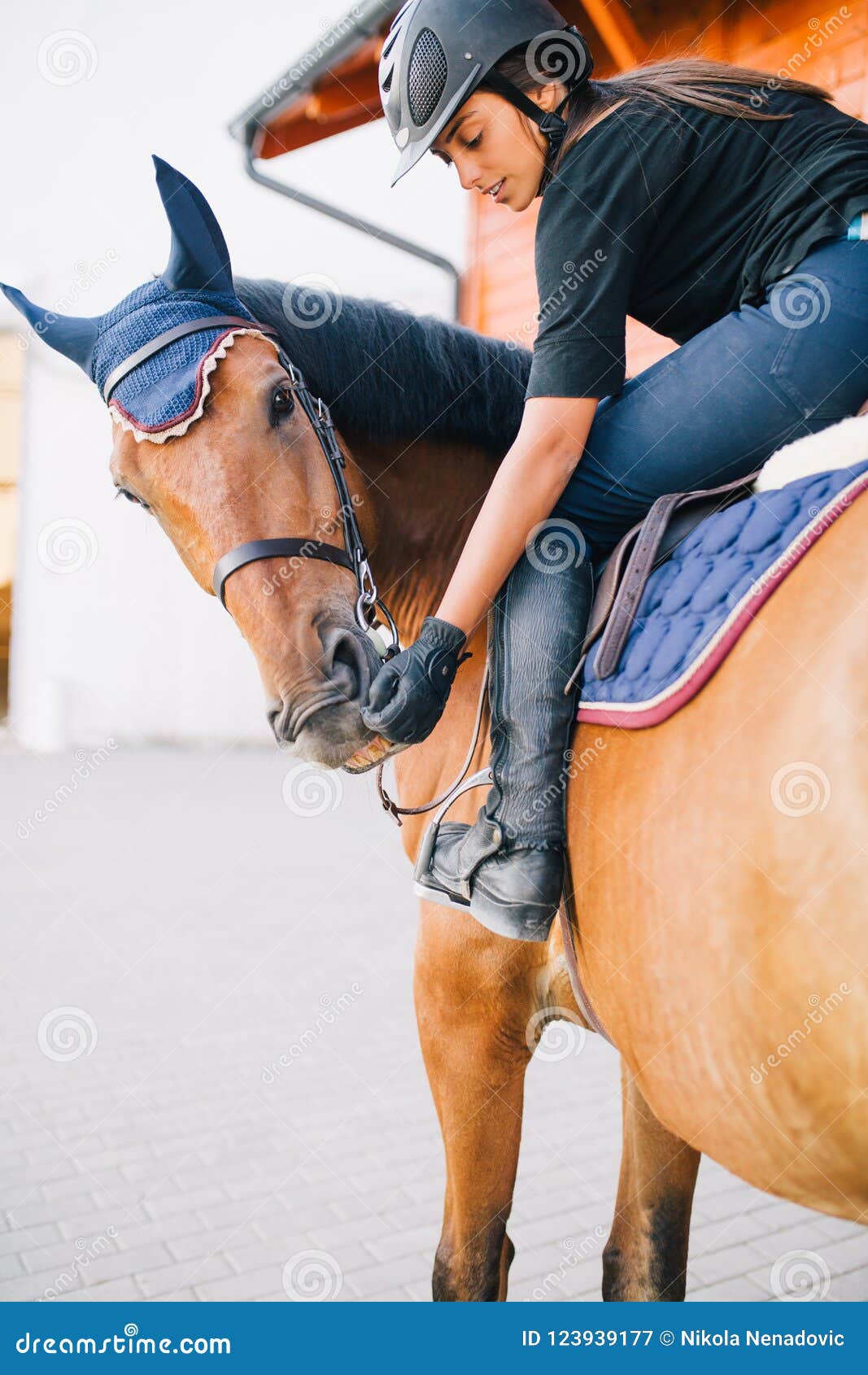 Young woman with horse. Beautiful brunette girl riding her horse.