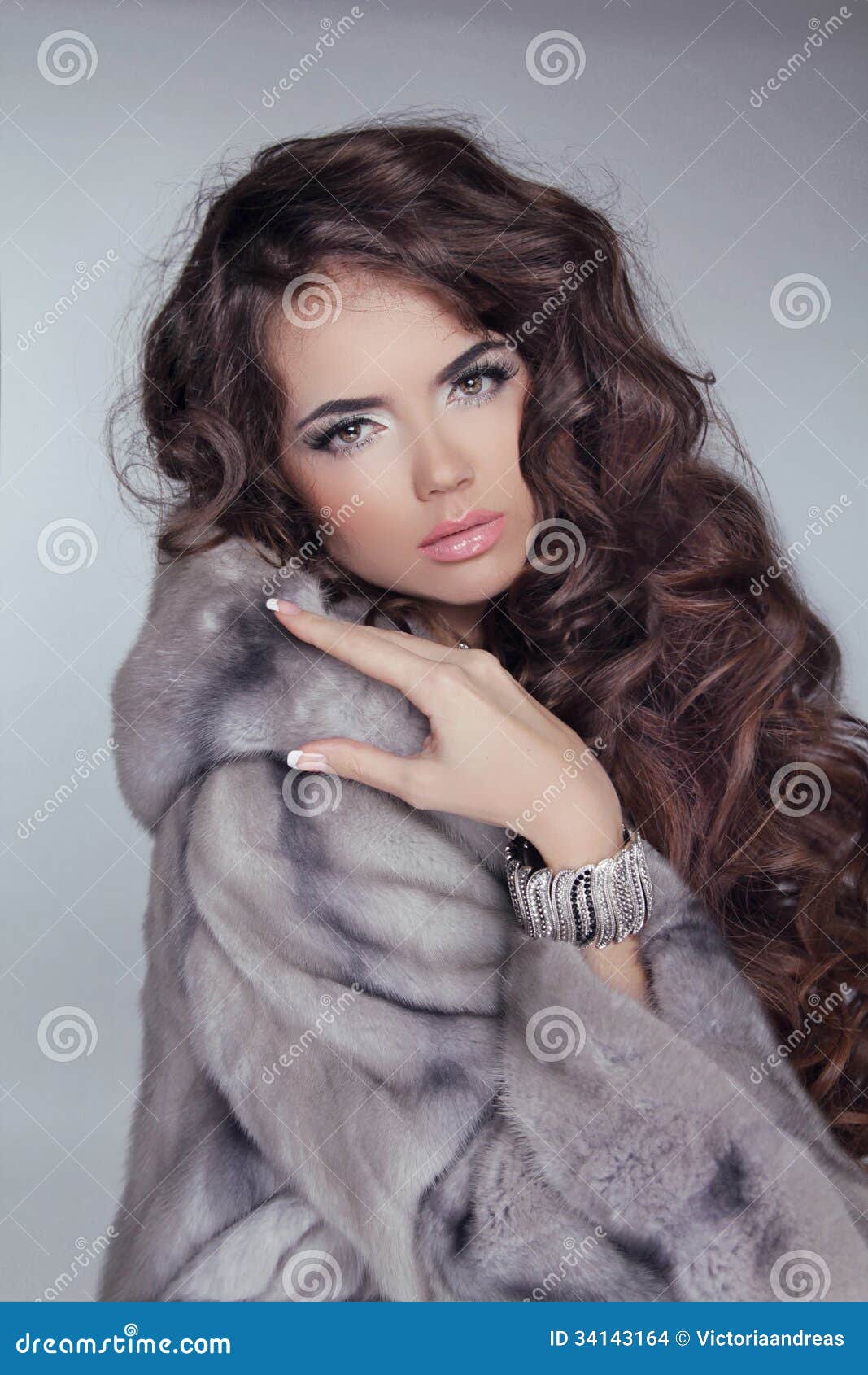 Beautiful Brunette Girl Wearing In Mink Fur Coat With Long 
