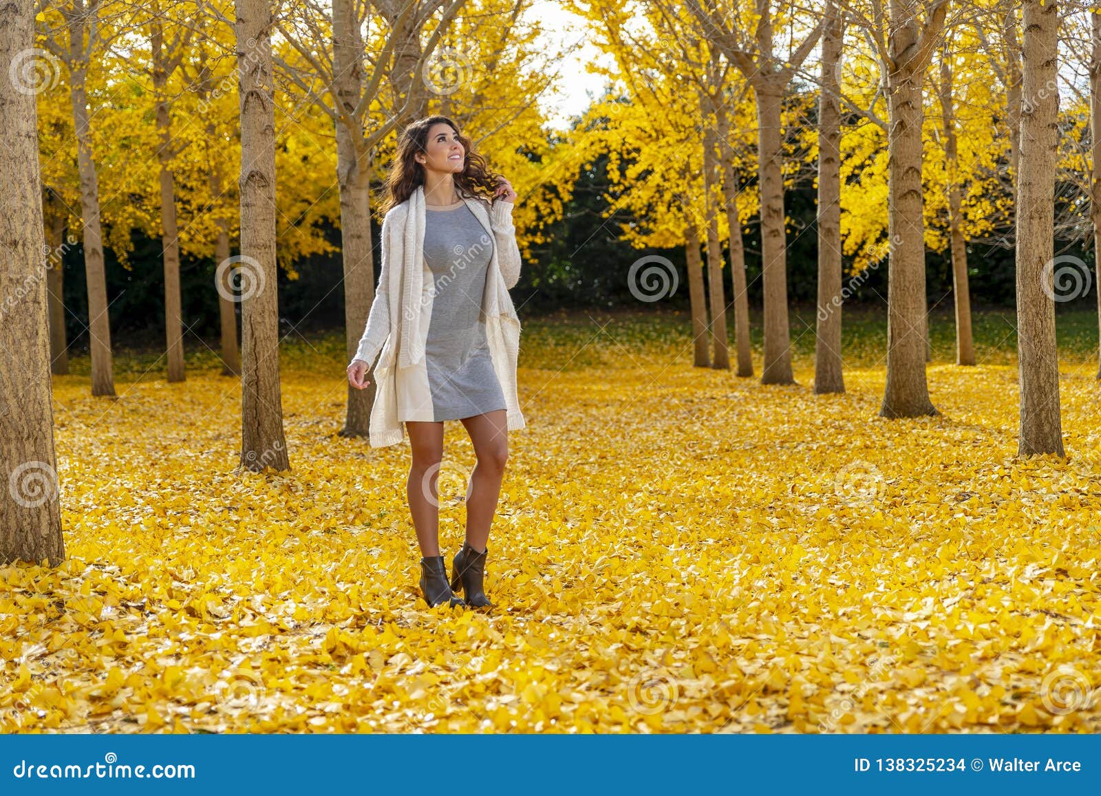 Brunette Model Enjoying A Fall Day In Fall Foliage Stock Photo Image