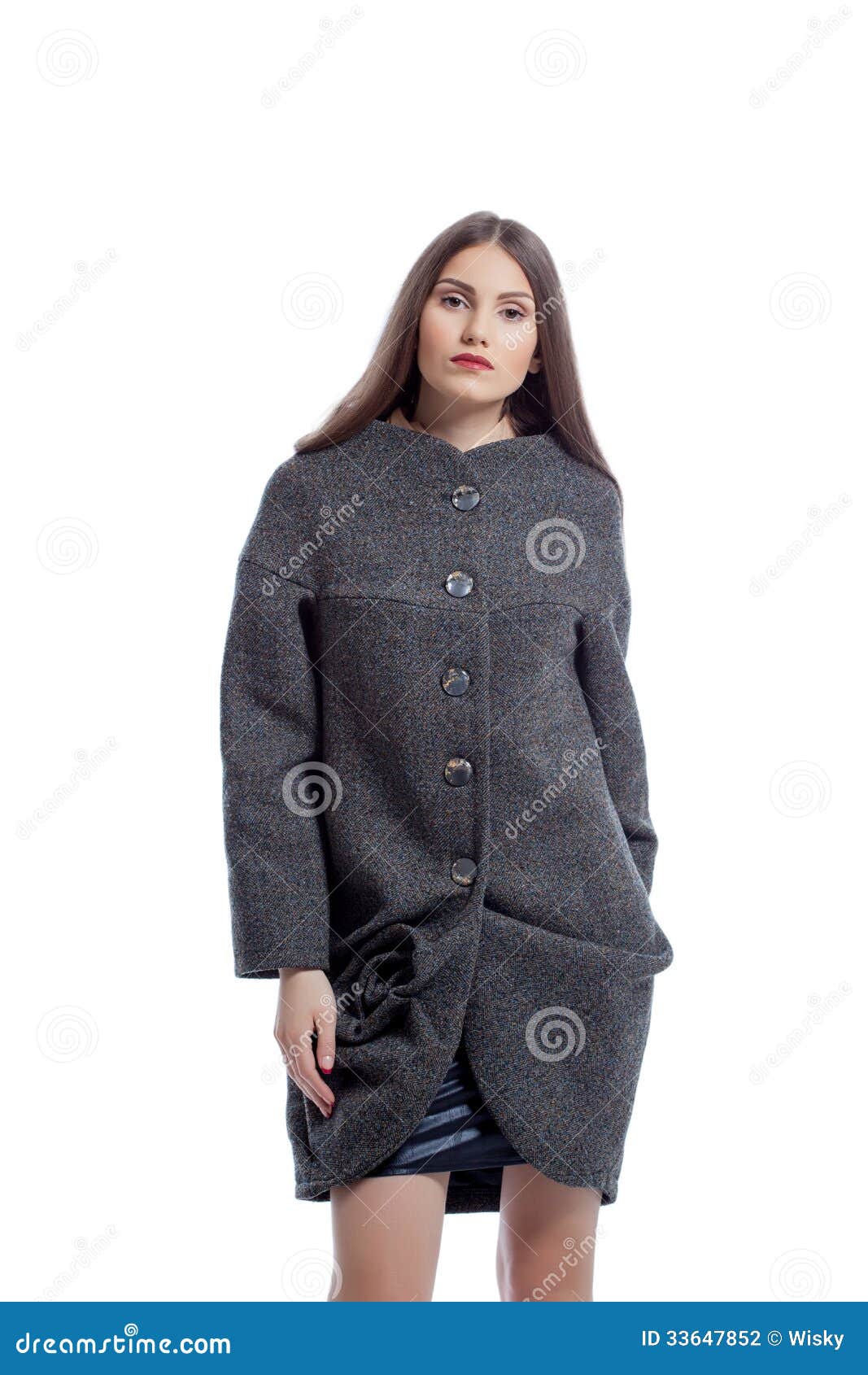 Beautiful Brunette Posing in Gray Woolen Coat Stock Photo - Image of ...