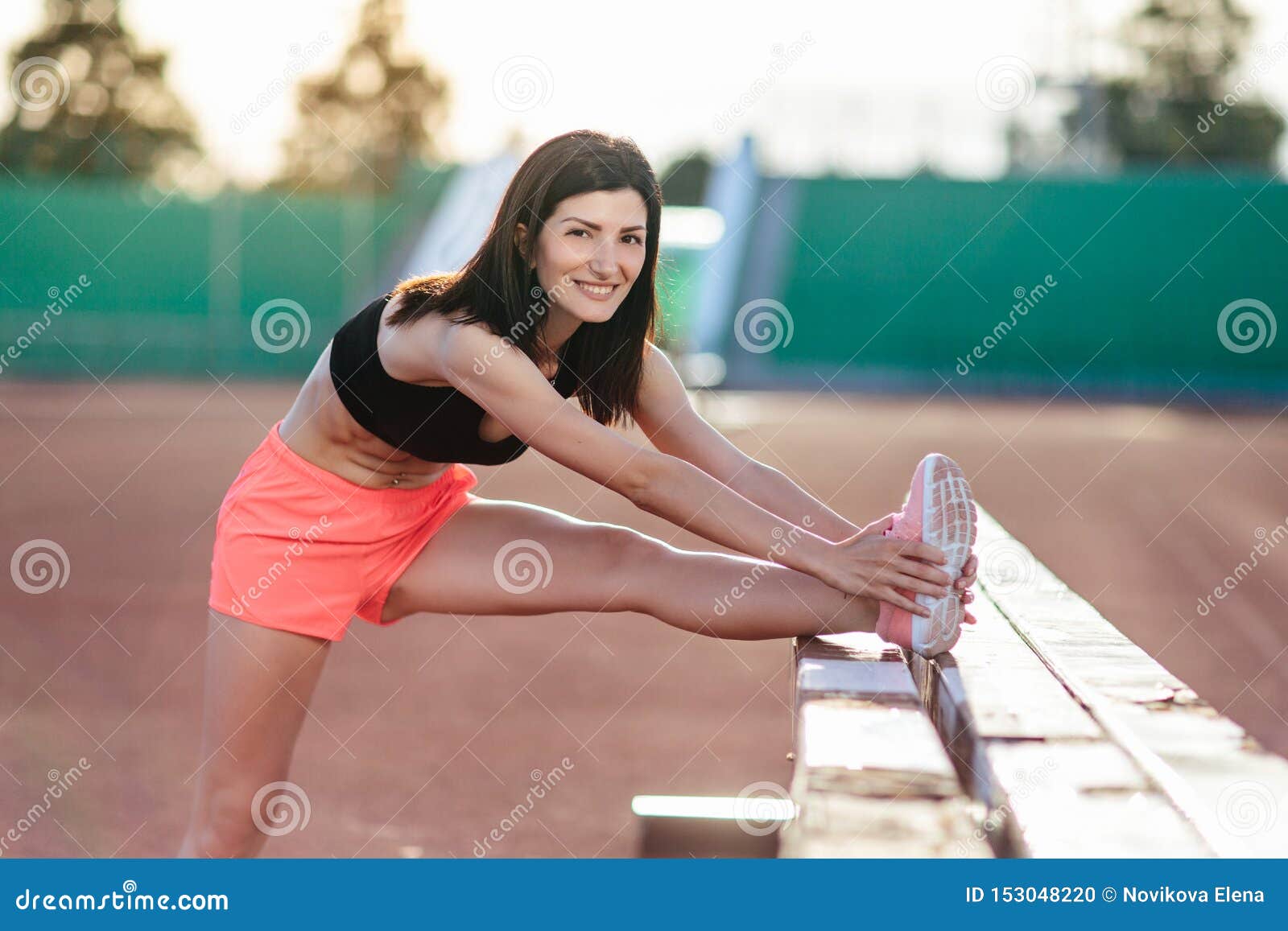 Beautiful Brunette Runner Woman Doing Stretching Leaning Her Leg On