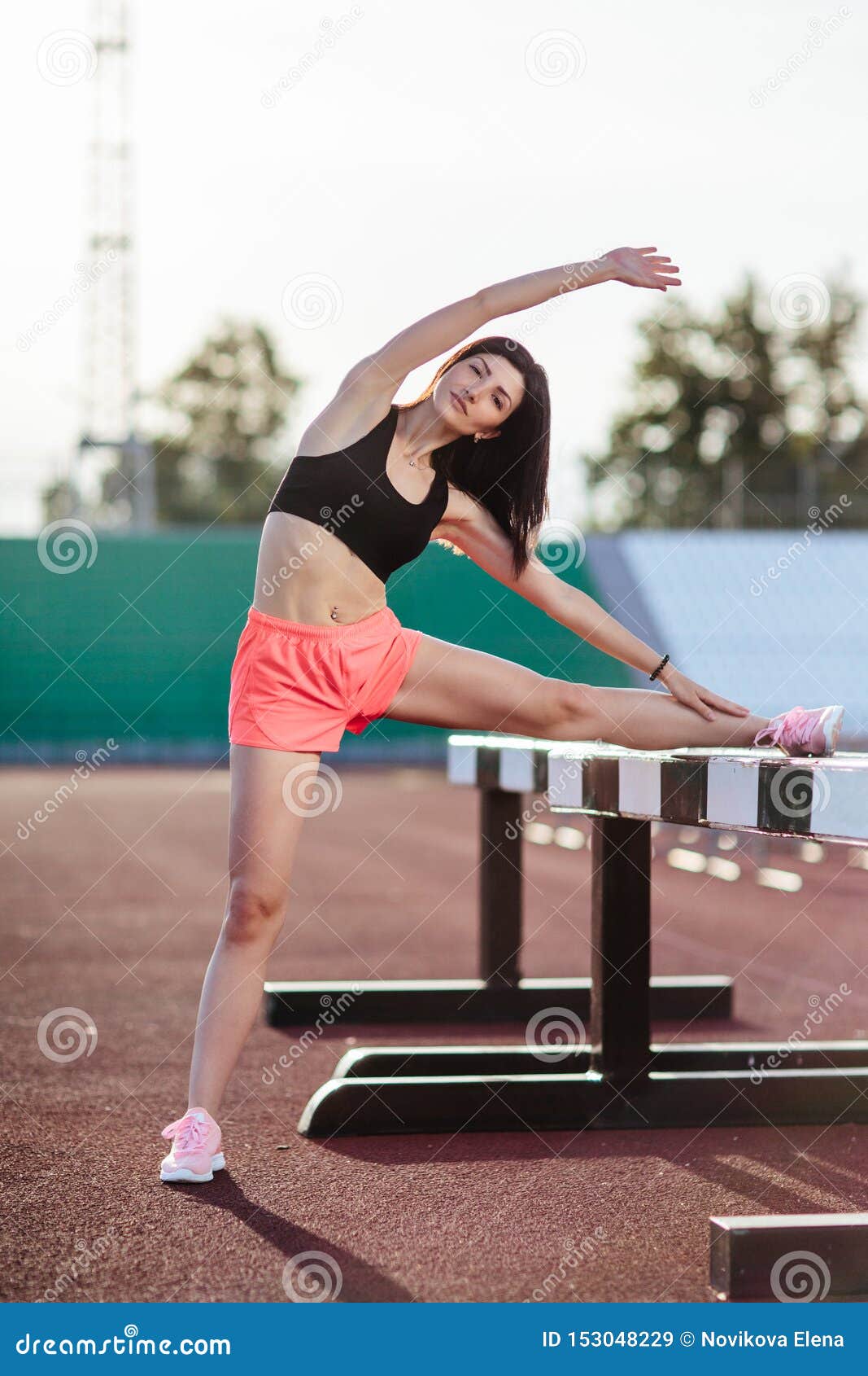 Beautiful Brunette Runner Woman Doing Stretching Leaning Her Leg On