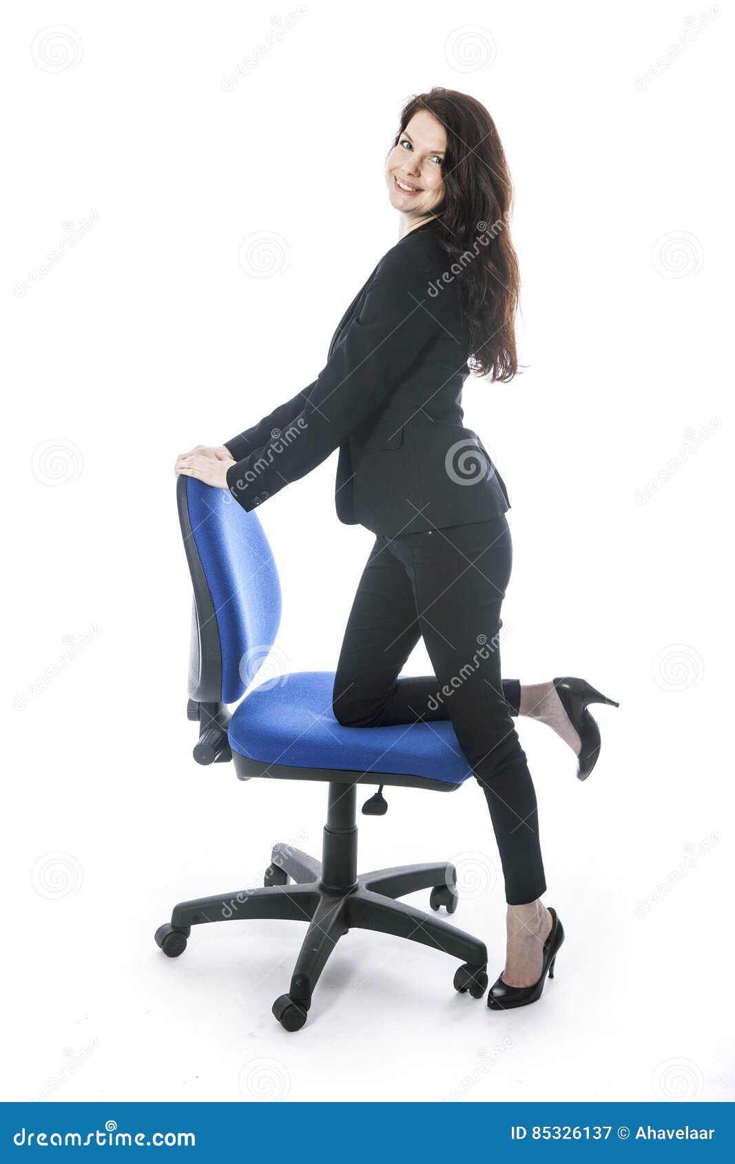 Beautiful Brunette Secretary Poses With One Leg On Office Chair Stock Image Image Of Lady