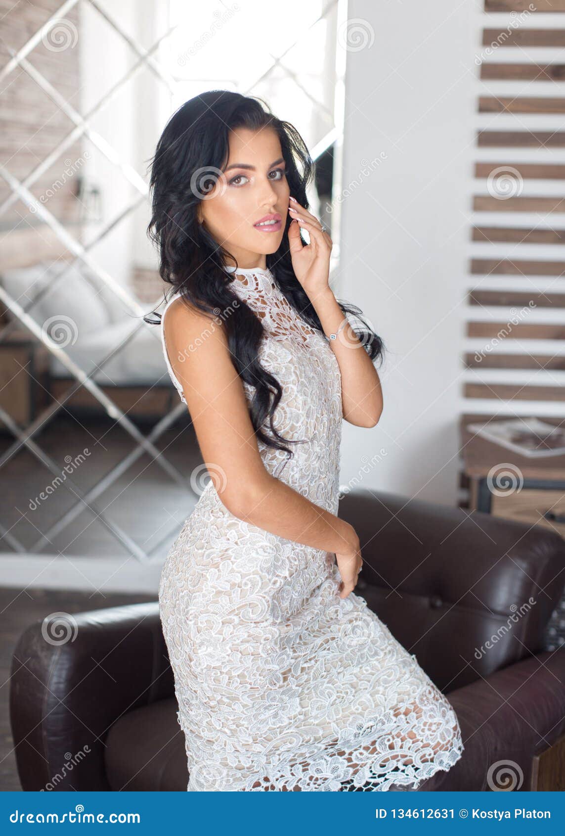 Beautiful Brunette In A White Dress In The Interior Stock Image Image Of Cute Person 134612631