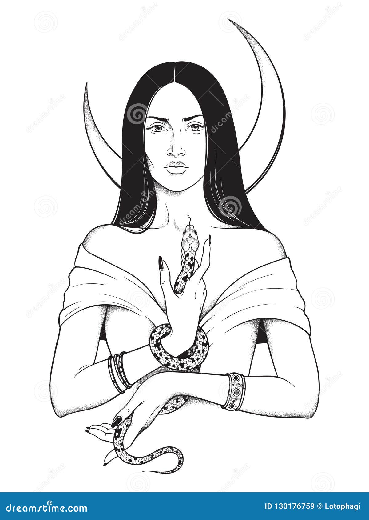 beautiful brunette witch with serpent in her hands and crescent moon above her head line art and dot work. boho chic tattoo, poste