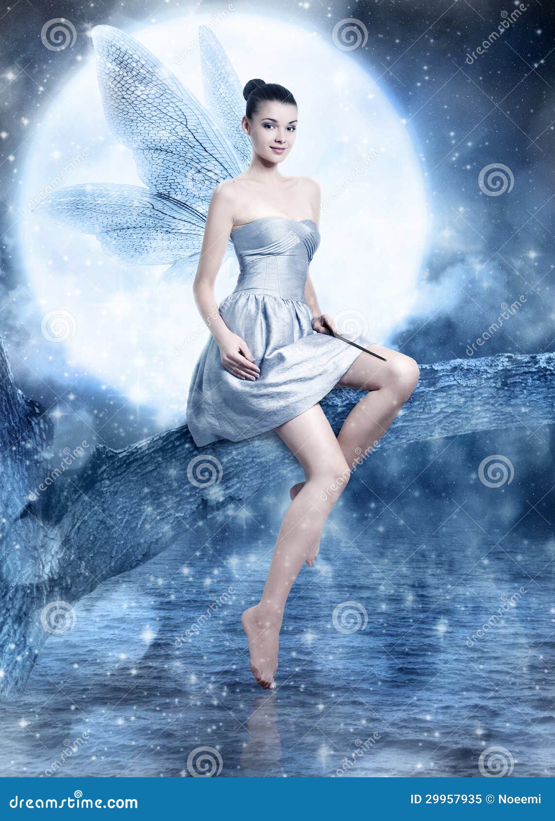 beautiful brunette woman as silver night fairy