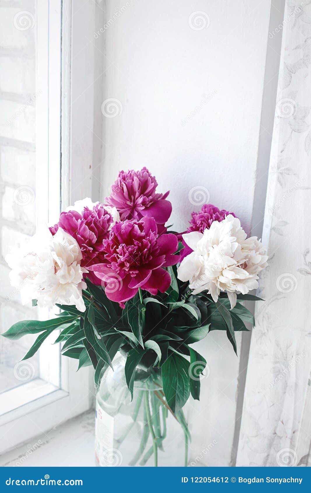 Beautiful Bunch of Peonies in Vase on Wooden White Window Sill B Stock ...