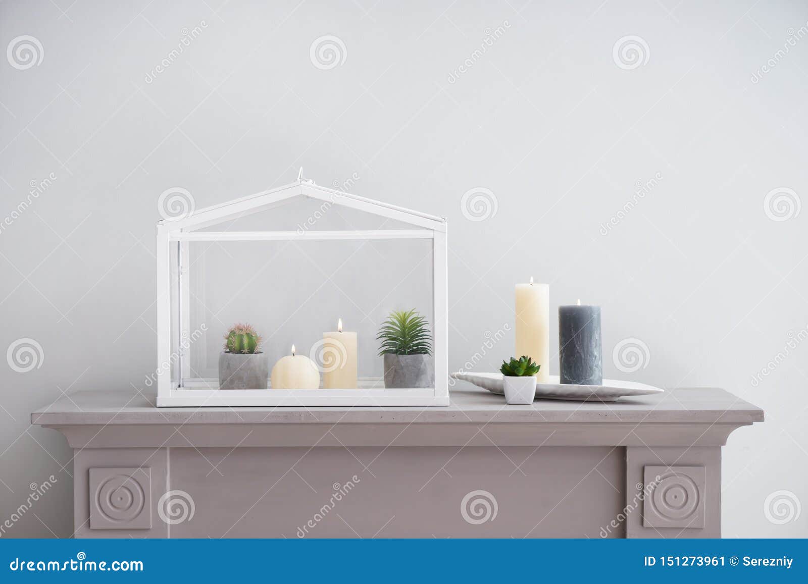 Beautiful Burning Candles with Plants on Light Table Stock Image Image of plants, romantic