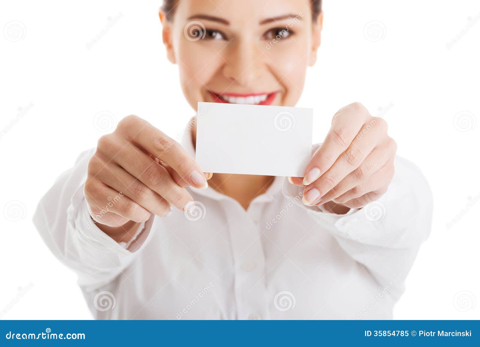 Businesswoman With Card Beautiful Business Holding Personal Card Stock
