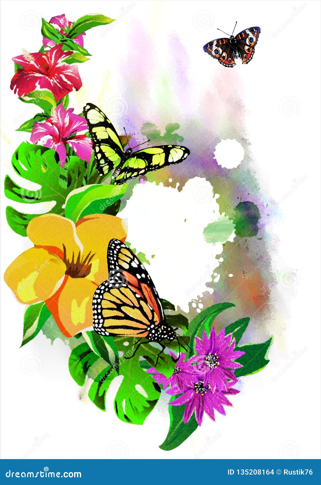 Beautiful Butterflies with Tropical Flowers on Colorful Drops of Paint. Stock Illustration - Illustration of banner, border: 135208164 Beautiful Butterflies with Tropical Flowers on Colorful Drops of Paint. Stock Illustration - Illustration of banner, border: 135208164