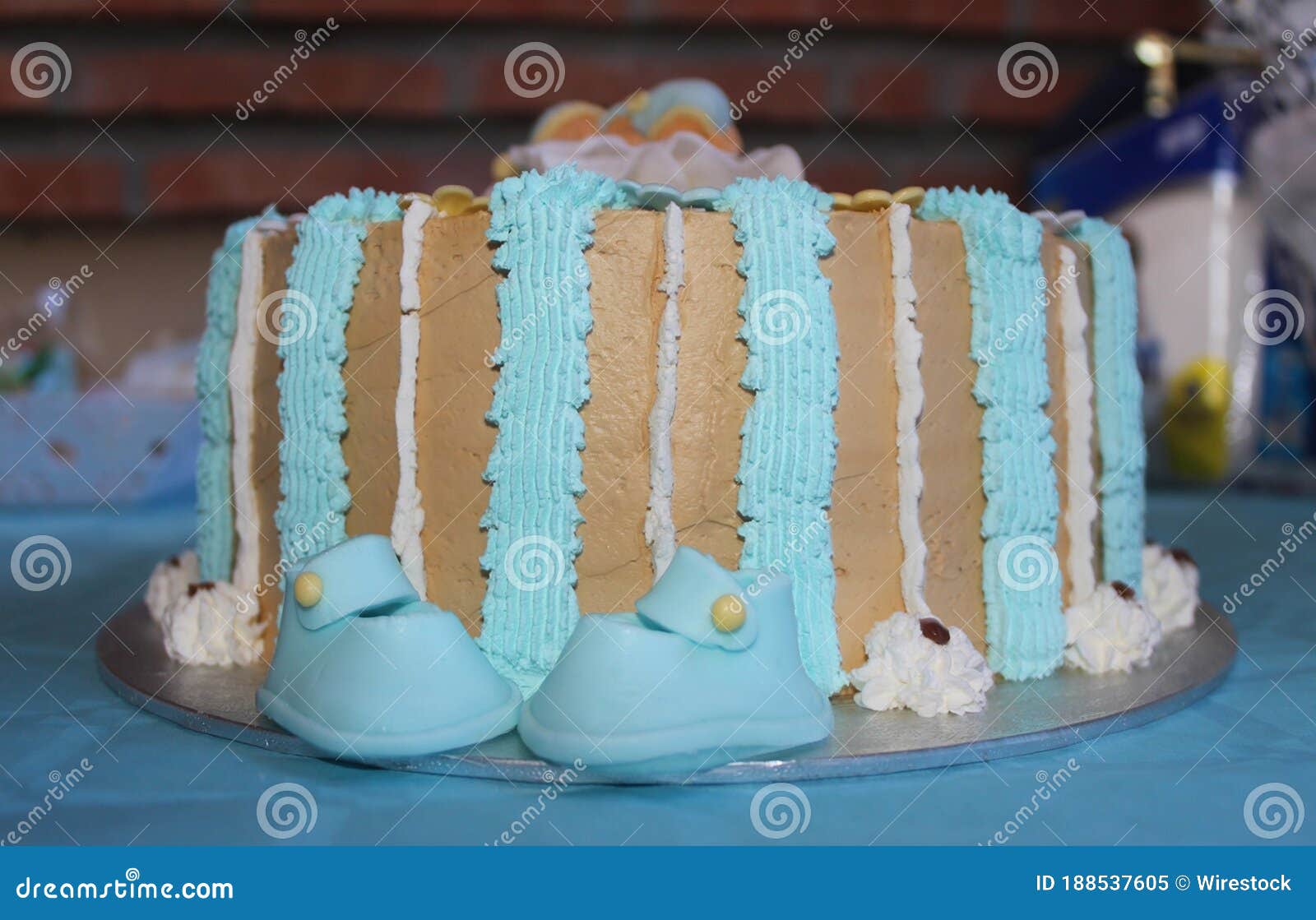 Beautiful Cake with Blue Baby Shoe Decorations Stock Image Image of