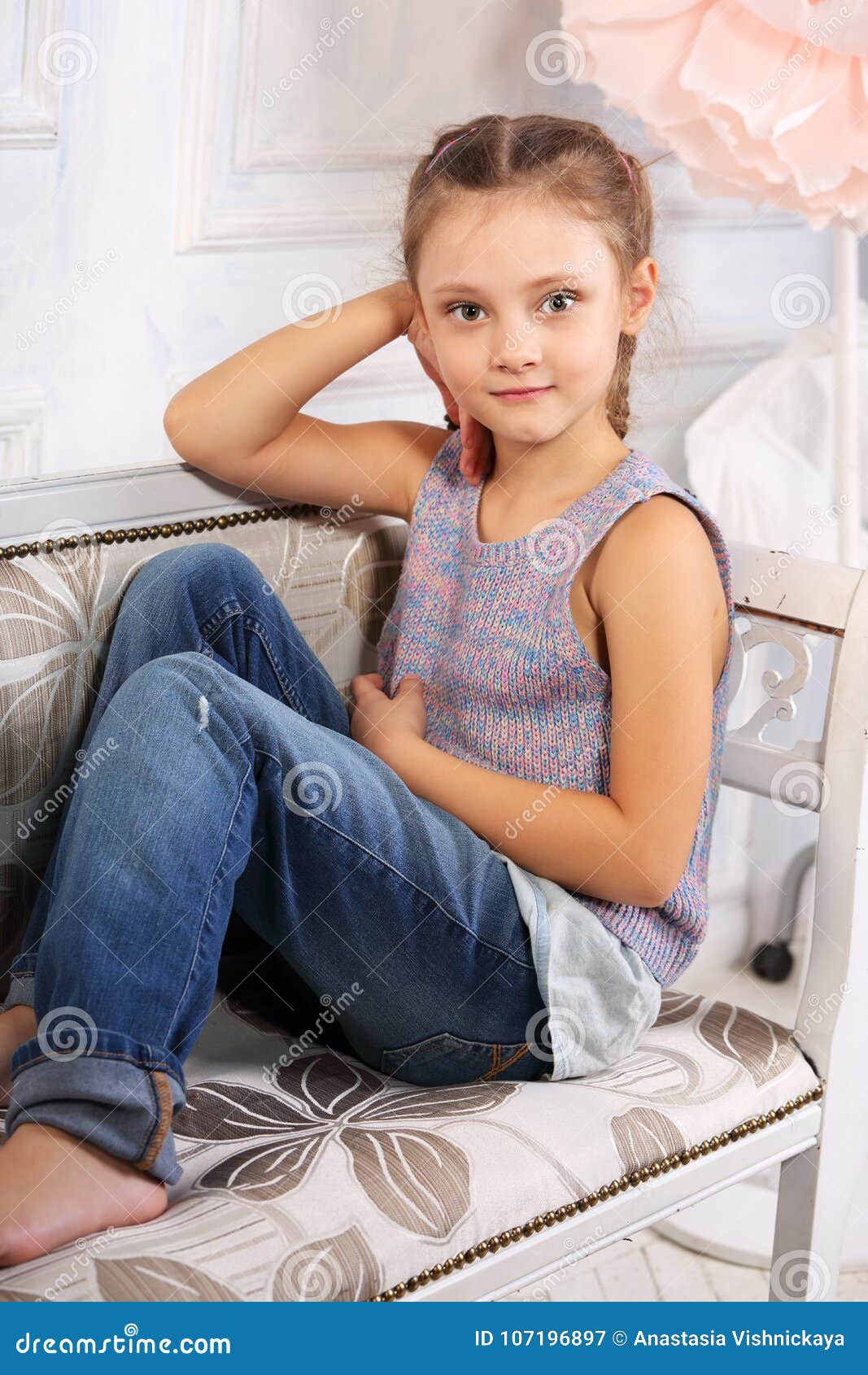 Beautiful Calm Kid Girl Sitting on the Bench in Blue Jeans and F Stock ...