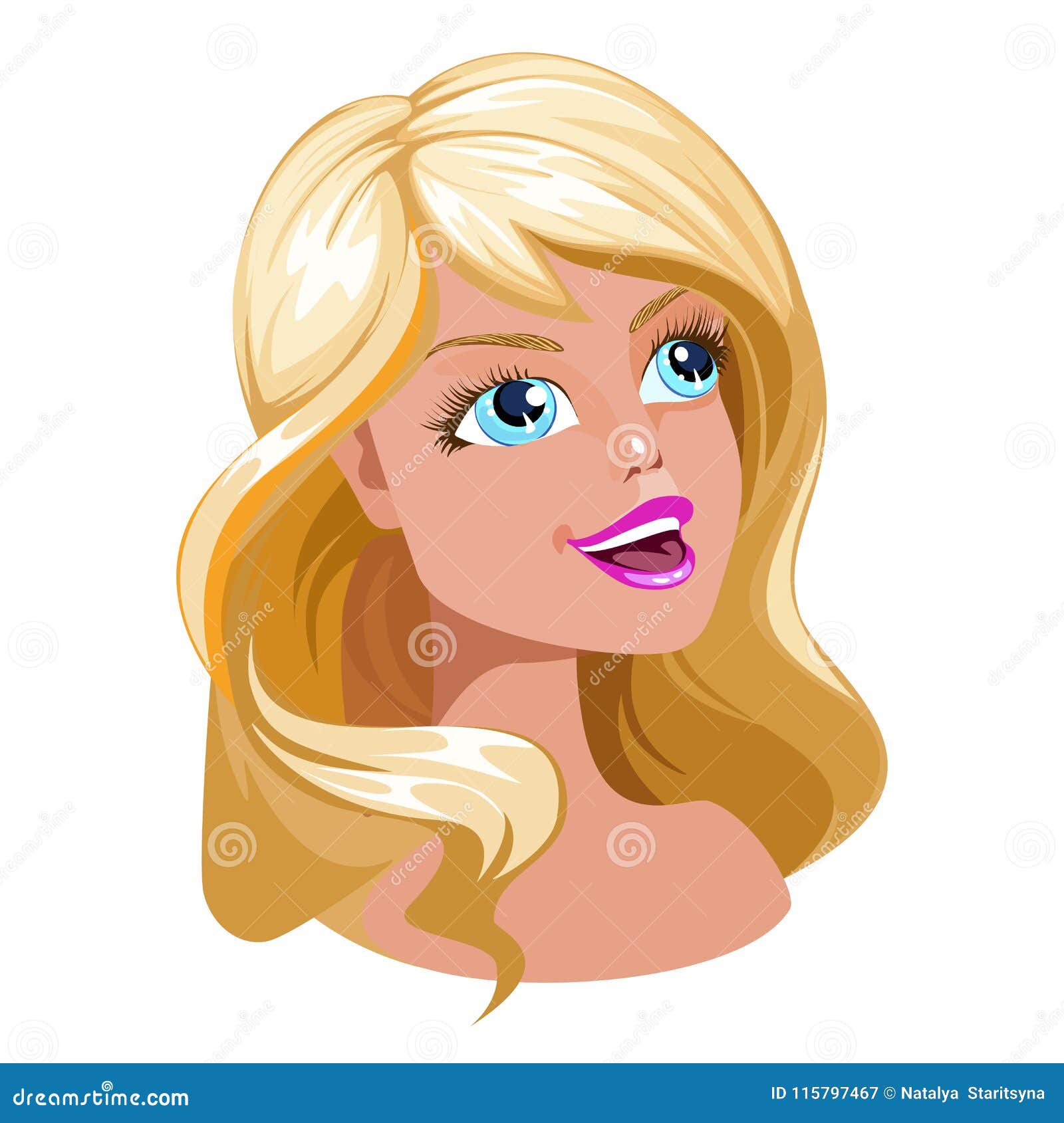 Beautiful Cartoon Girl With Big Blue Eyes And Blonde Hair Stock