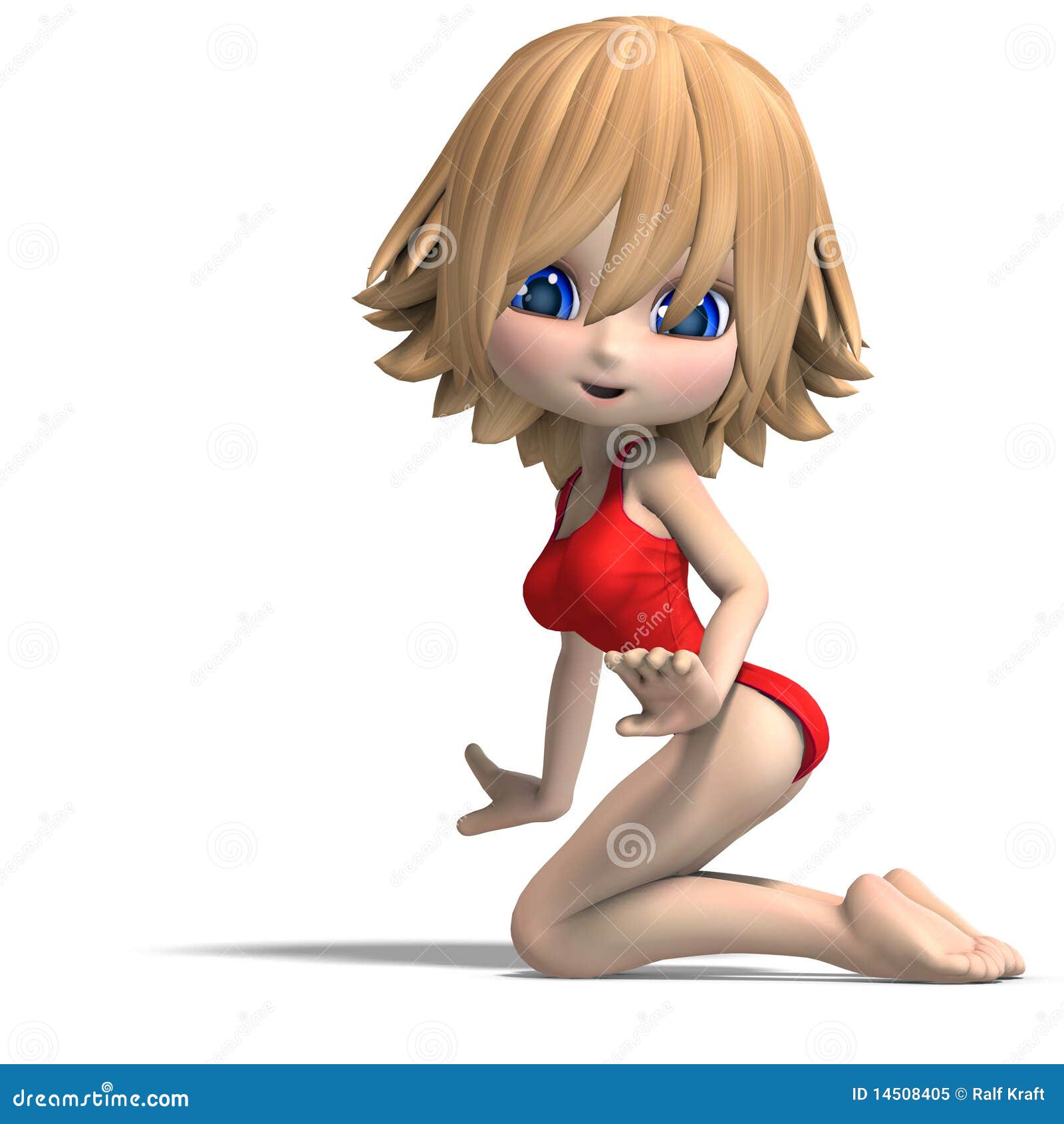 Beautiful Cartoon Girl in a Onepiece Swimsuit. 3D Stock Illustration