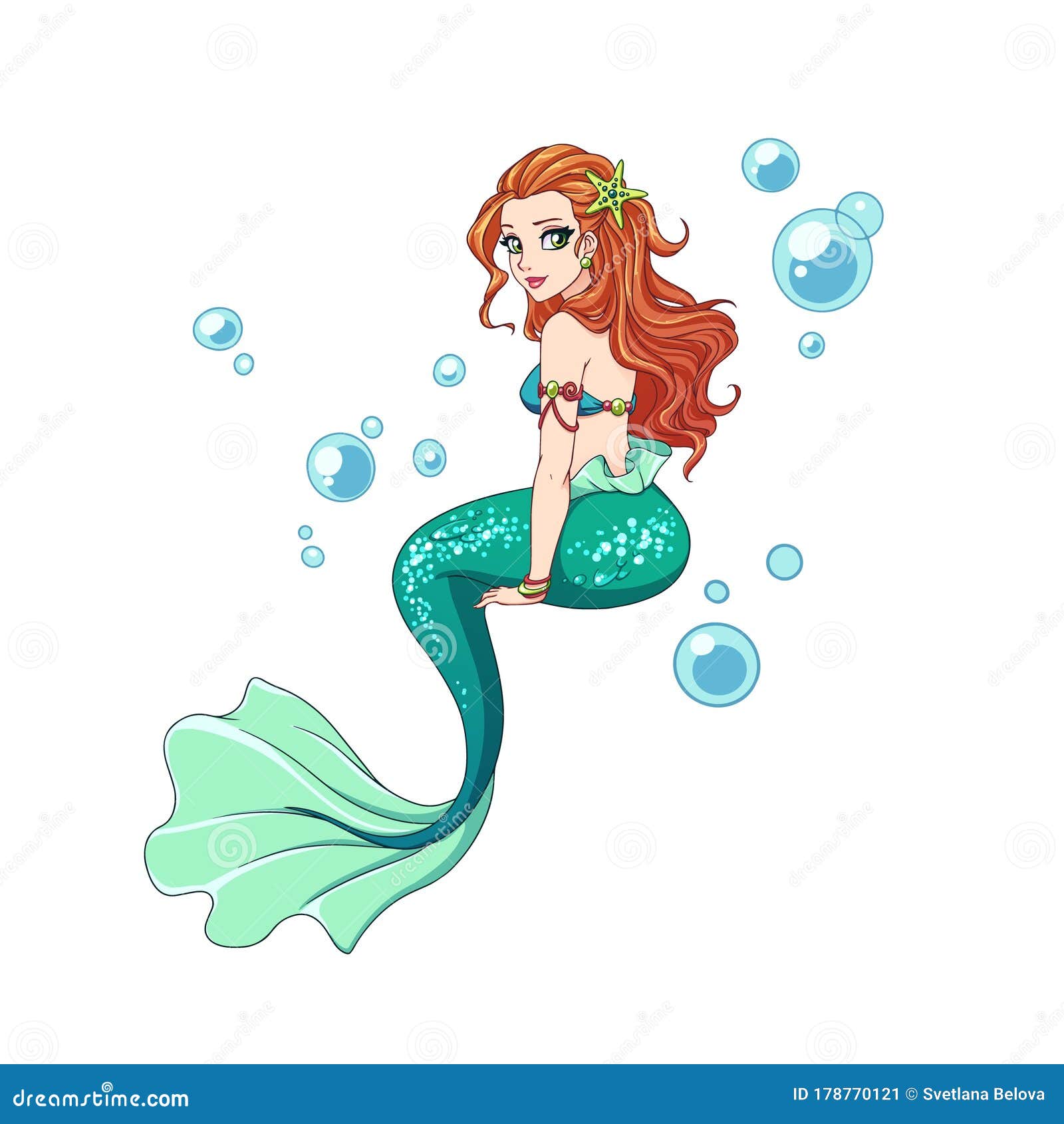 Beautiful Cartoon Mermaid With Curly Red Hair And Green