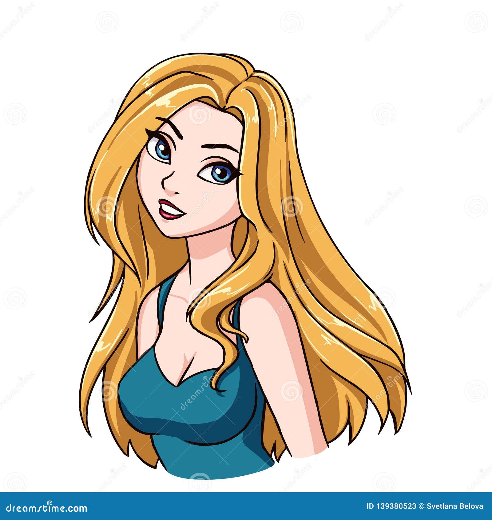 Beautiful Cartoon Smiling Girl Portrait Long Blonde Hair Big Blue