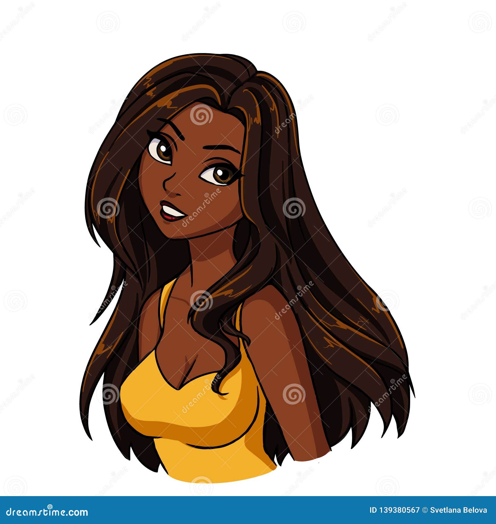Beautiful Cartoon Smiling Girl Portrait. Long Brown Hair, Big Black Eyes,  Yellow Shirt Stock Illustration - Illustration of brown, femininity:  139380567