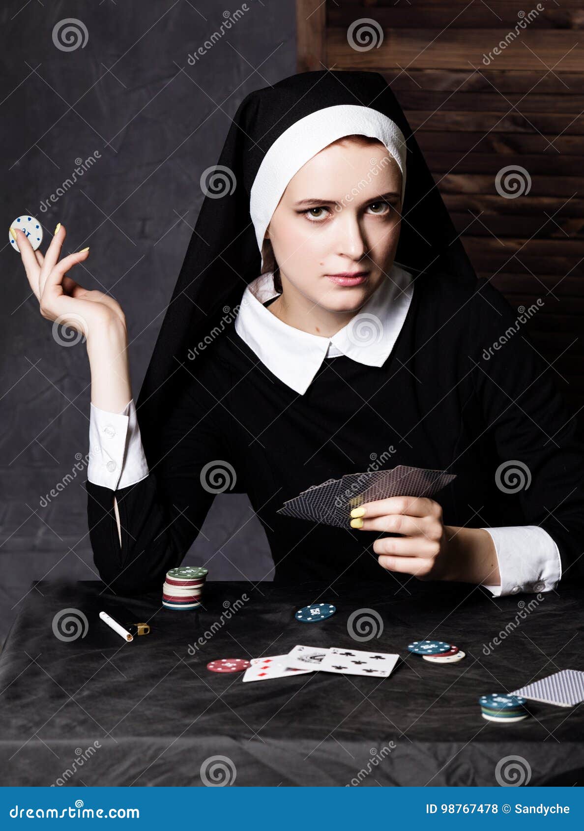 Beautiful Catholic Nun Playing Cards. Rotten Religion Stock Photo ...