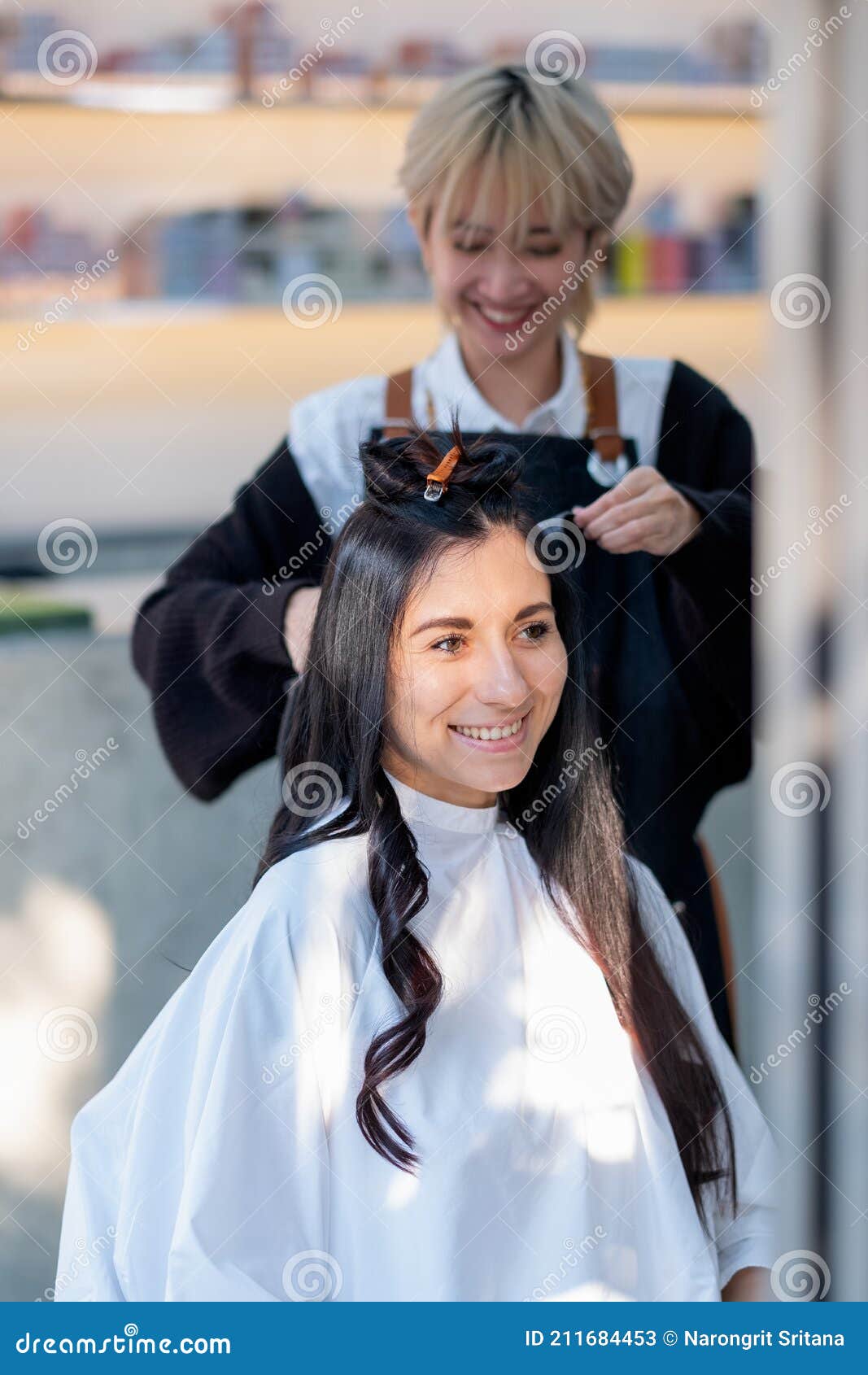 Beautiful Caucasian Girl Sit and Smiling during Beauty Salon Barber Girl  Work with Hair Style in the Shop. Beauty Business for Stock Image - Image  of girl, attractive: 211684453
