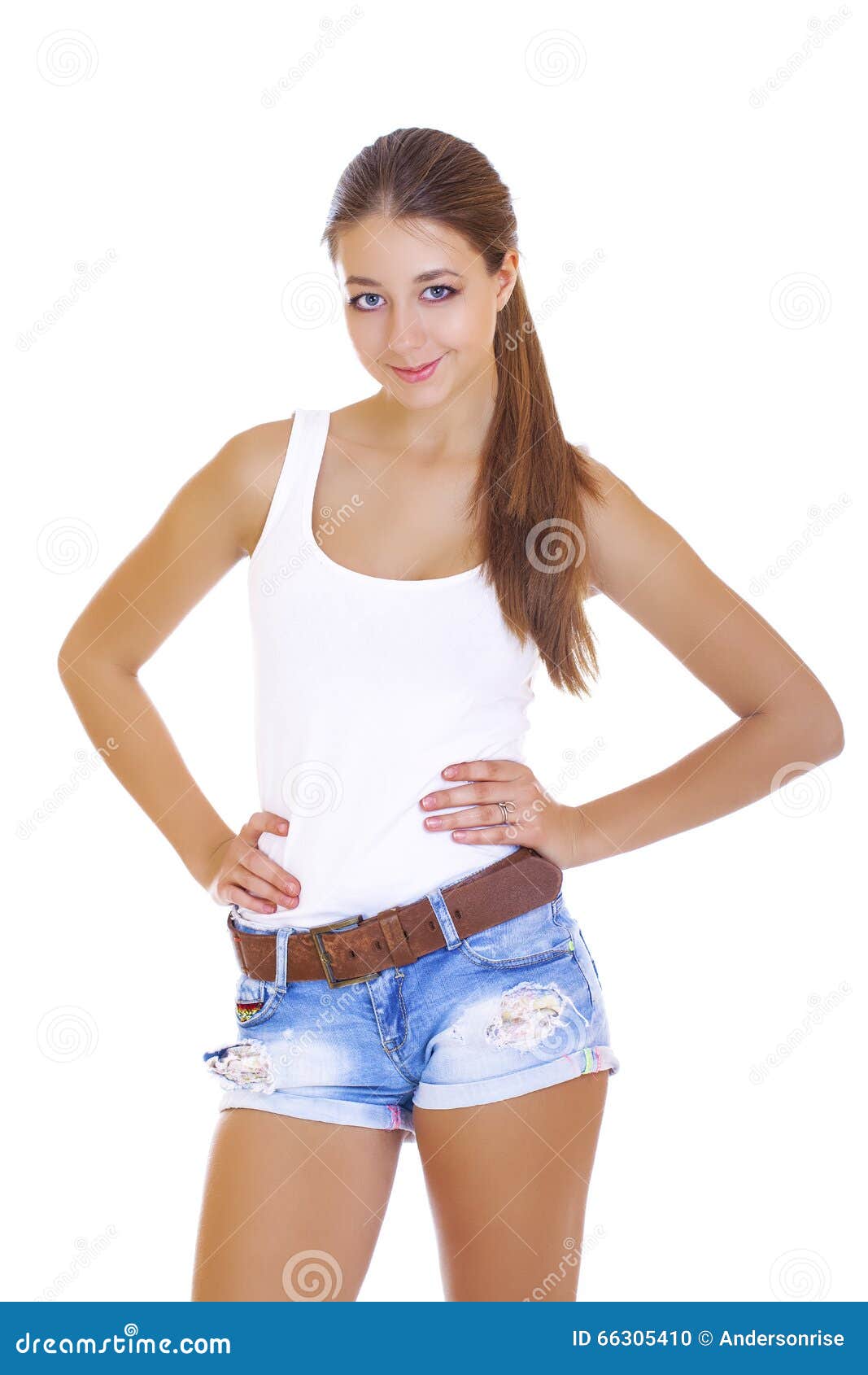 Beautiful Cheerful Teen Girl in Blue Jean Shorts Stock Photo - Image of ...