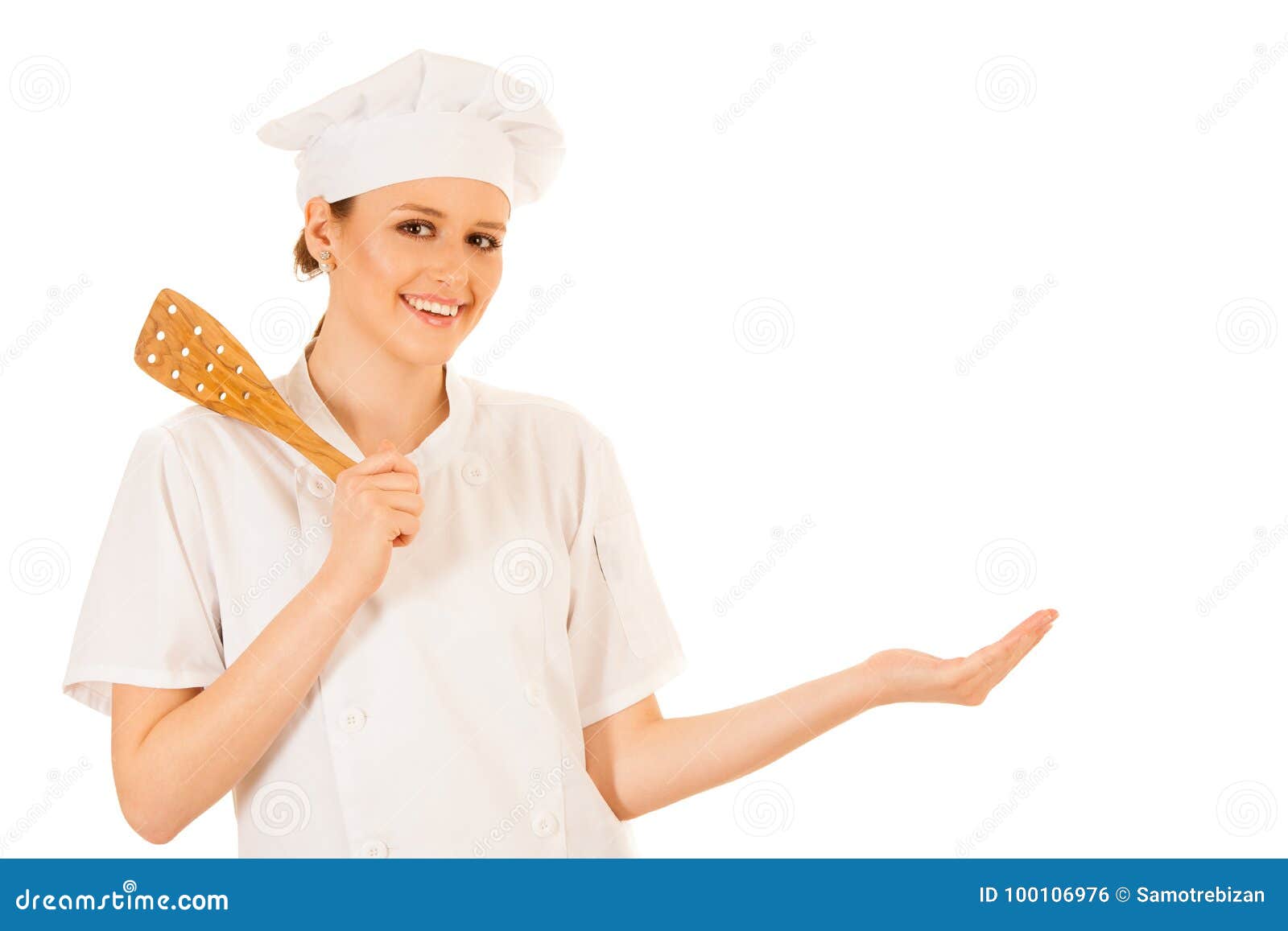 Beautiful Chef Presenting New Recipe Isolated Over White Stock Photo ...