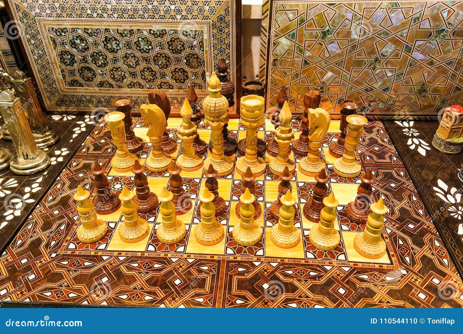 beautiful chess set, made of wood, in on the istanbul grand bazaar. istambul, turkey