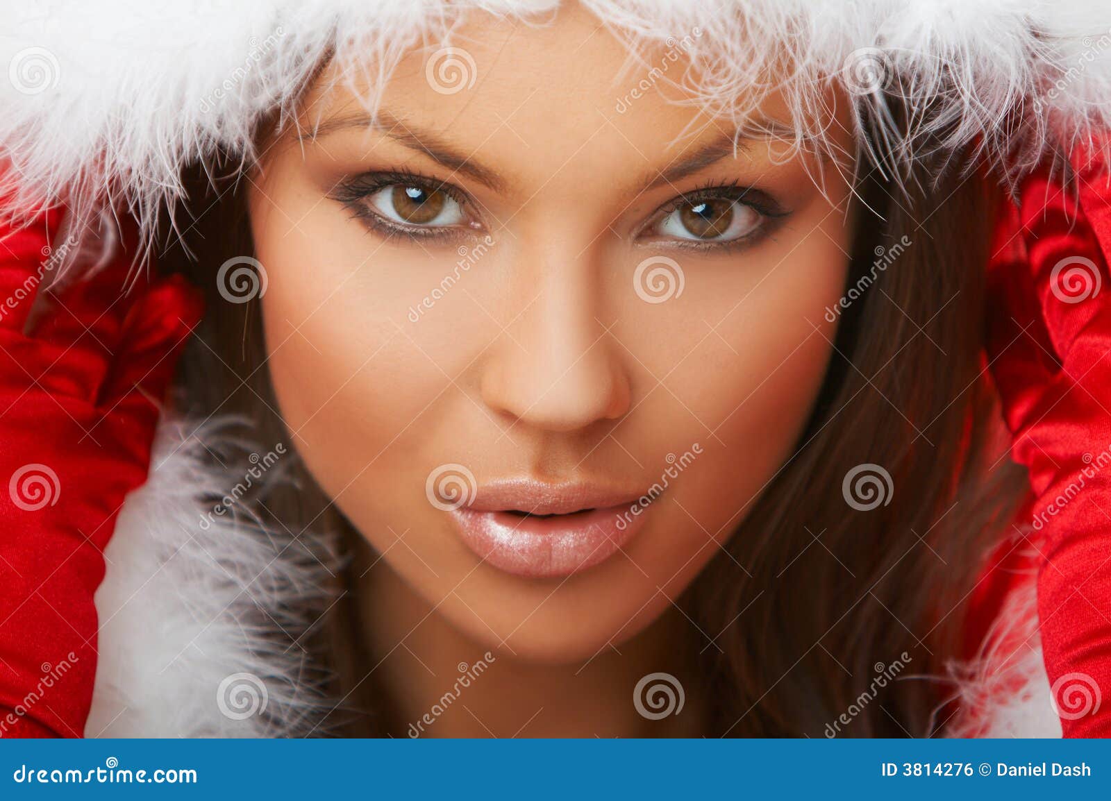 Beautiful Christmas. 20-25 years olf beautiful woman wearing fur hood