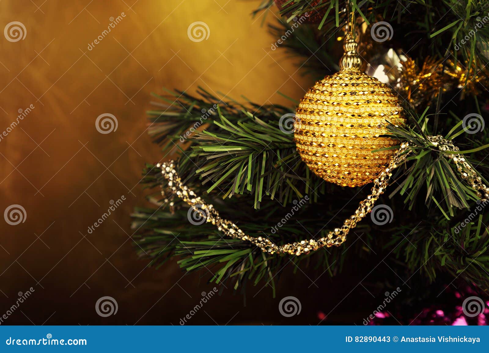 Beautiful Christmas Green Tree with Yellow Ball on the Branches Stock ...