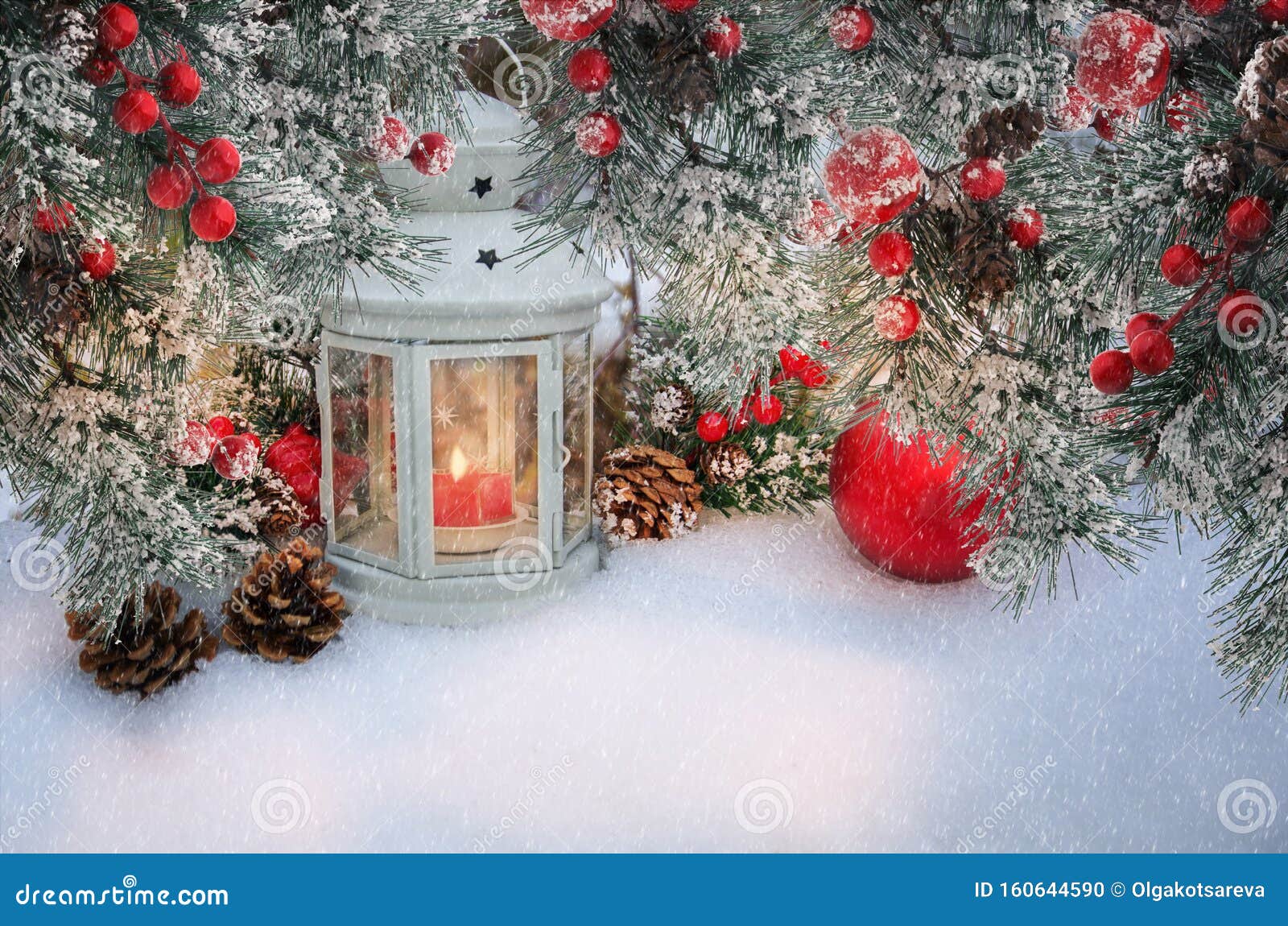 Beautiful Christmas Lantern with Candle and Fir Branches with ...