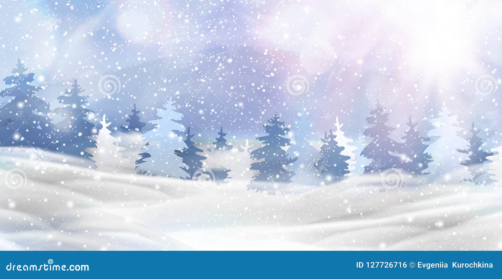 beautiful christmas, snowy woodland landscape with snow covered firs, coniferous forest, falling snow, snowflakes for