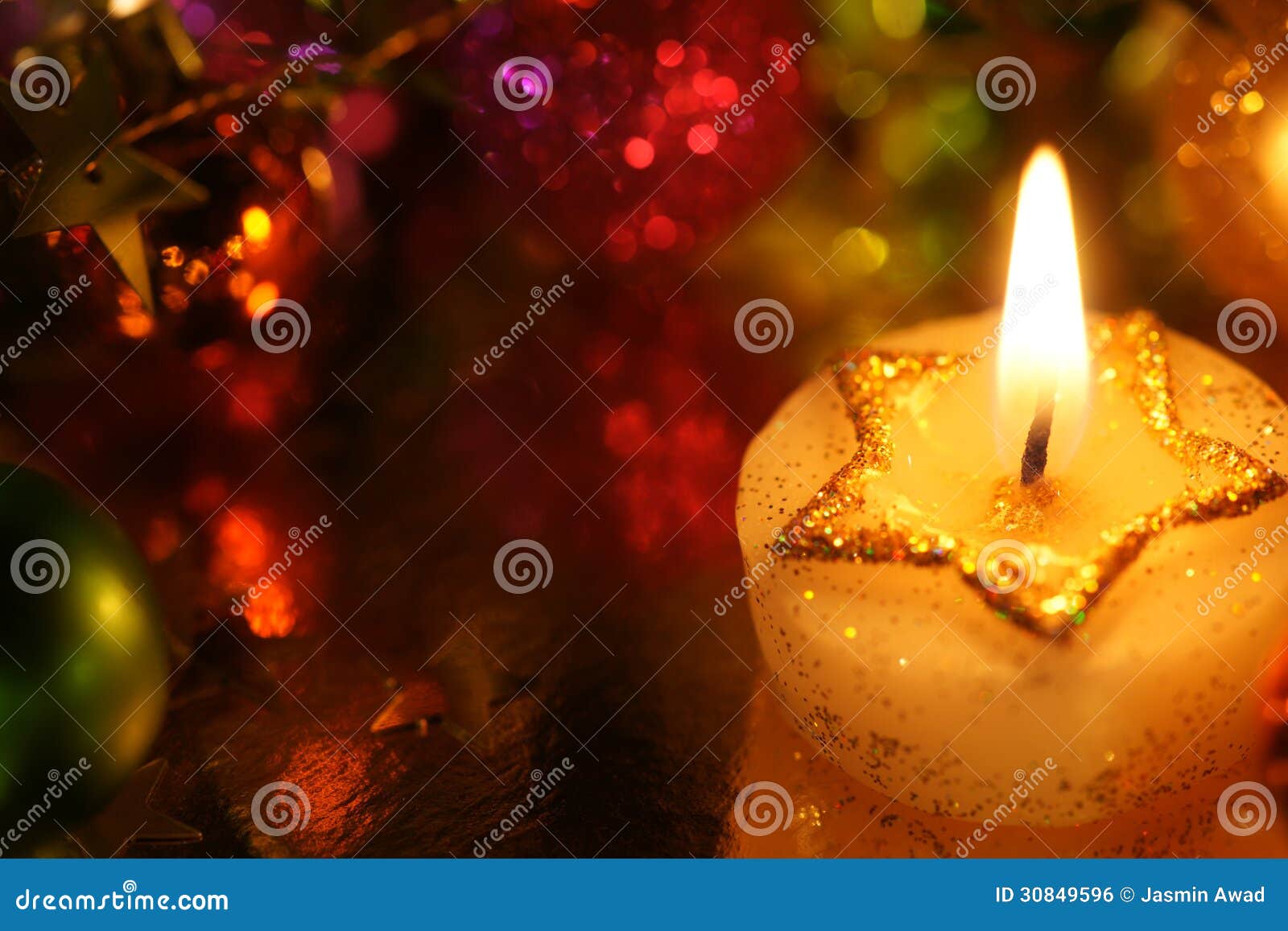 Beautiful Christmas Star Candle with Holiday Decoration Stock Photo - Image  of light, glitter: 30849596