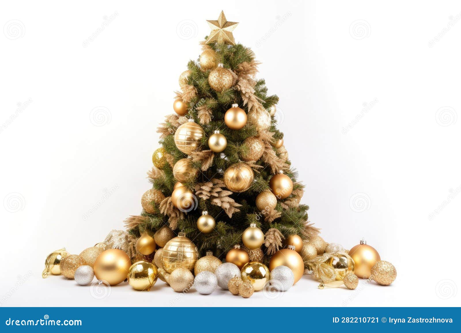 Beautiful Christmas Tree Decorated with Gold Decorations on a White