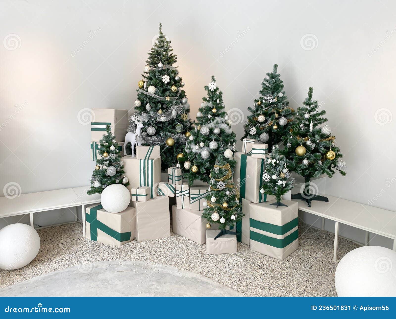 Beautiful Christmas Tree with Decoration and Gift Boxes Set Stock Image