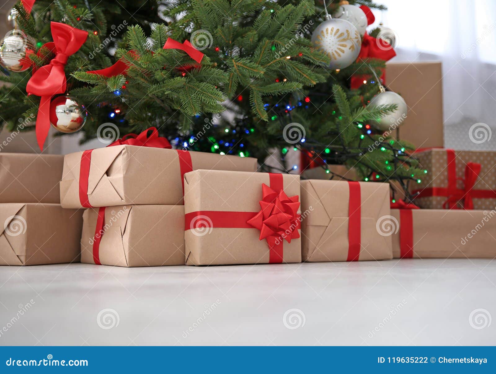 Christmas Tree with Gift Boxes Indoors Stock Photo Image of december