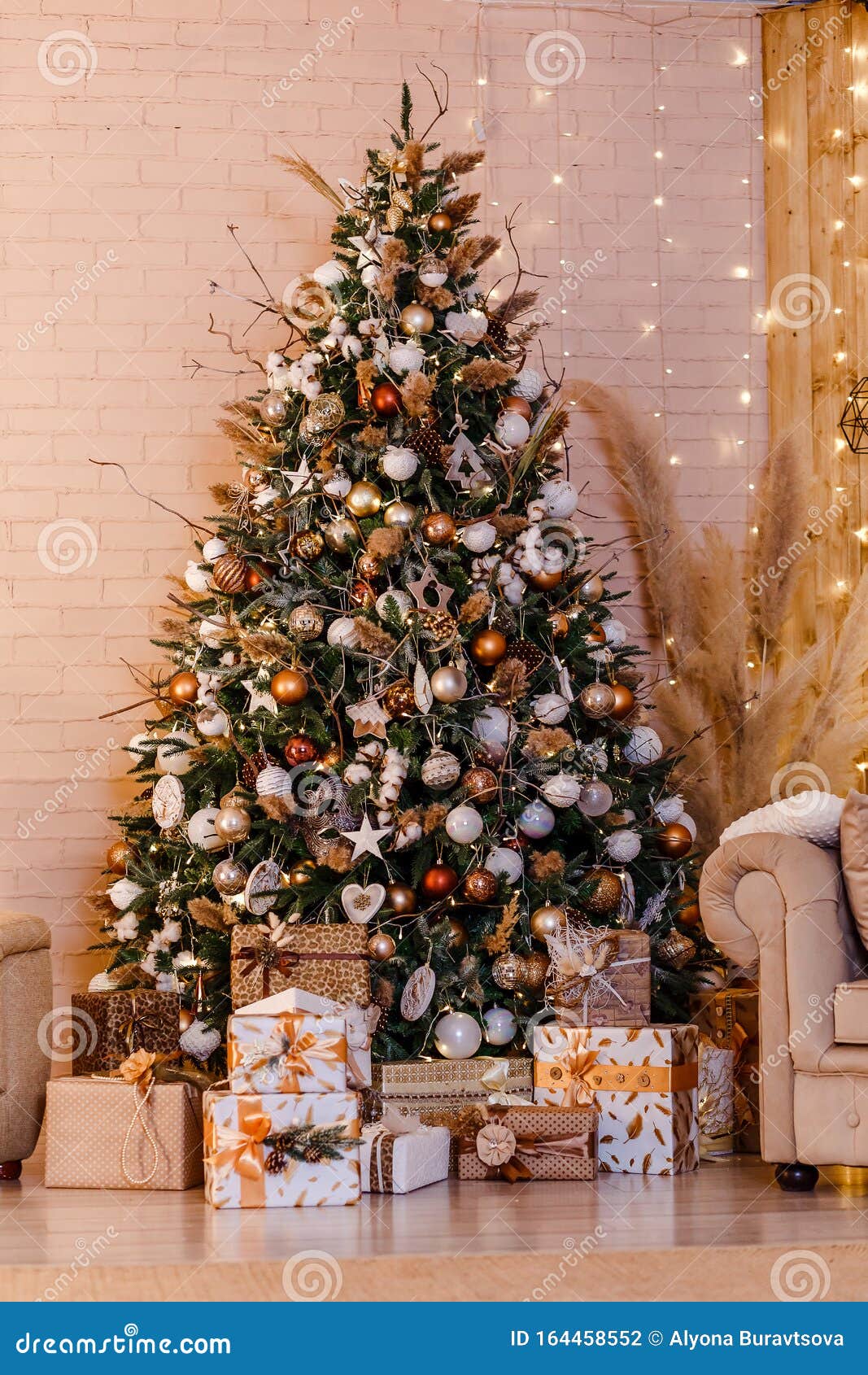 Beautiful Christmas Tree in Gold Style Stock Photo Image of happy