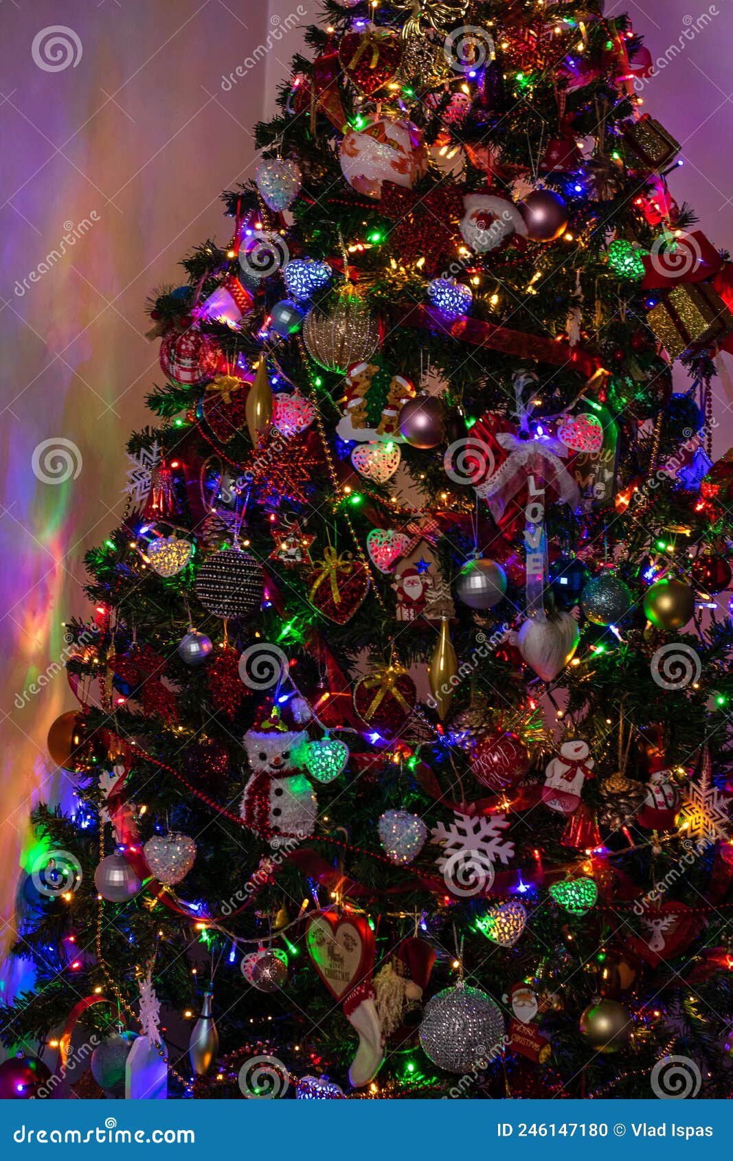 Beautiful Christmas Tree with Lights and Decorations Stock Photo