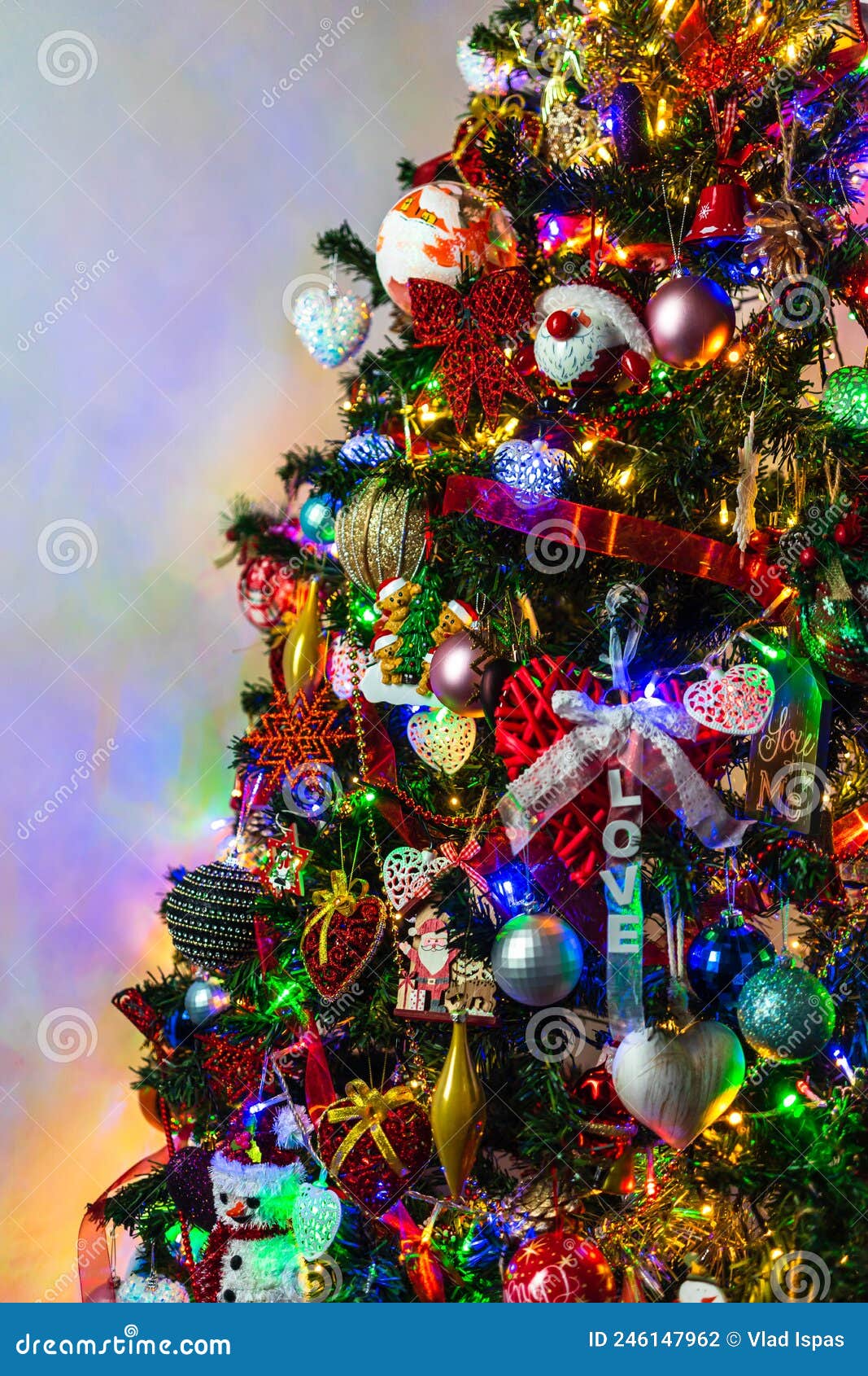 Beautiful Christmas Tree with Lights and Decorations Stock Photo